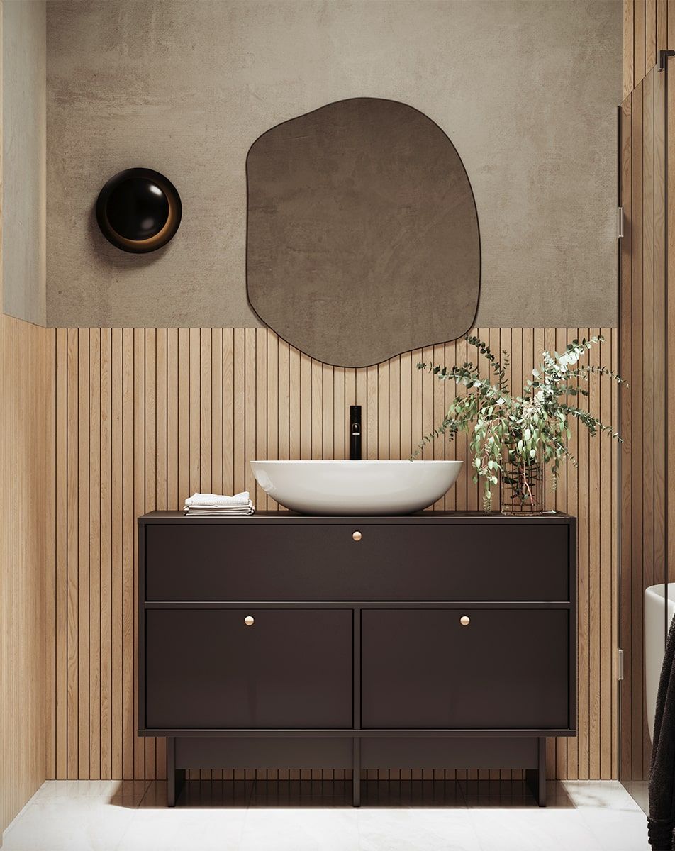 Armoire KABE avec lavabo OMNIRES KU01 en style JAPANDI
Couleur : Noir Onyx
Poignée : KD Poignée sphérique en bois
Vasque : Shell M+ Blanc brillant OMNIRES
Robinet : Tall Y Noir OMNIRES