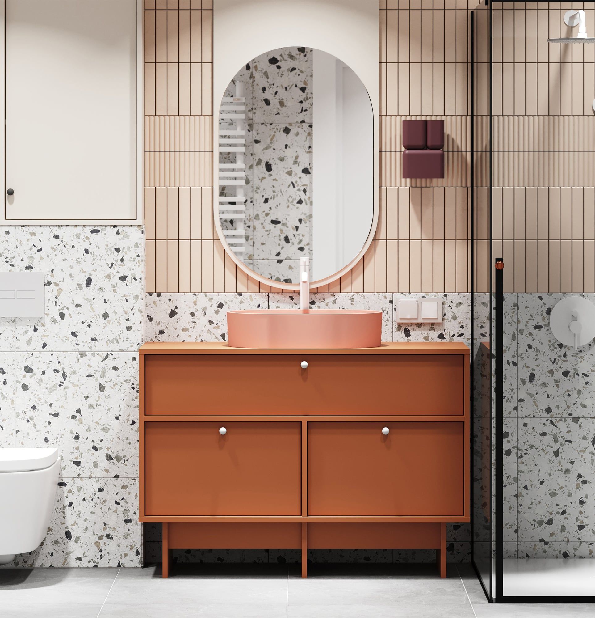 Meuble KABE avec vasque OMNIRES KU01 en style JAPANDI
Couleur : Terracotta ardent
Poignée : poignée sphérique KD White
Vasque : OVO M+ Coral OMNIRES
Robinet : Tall Y Blanc OMNIRES
