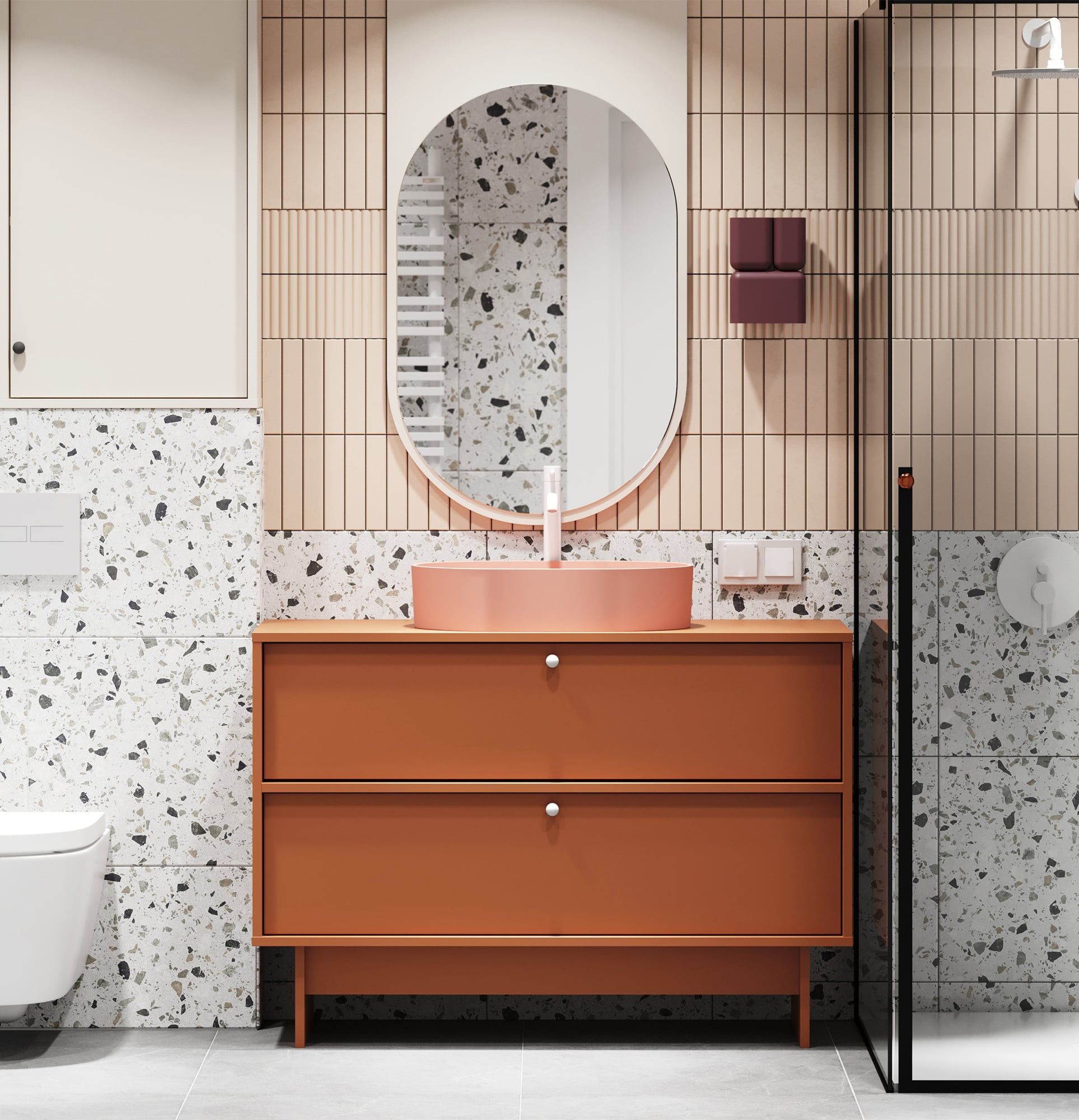 Meuble KABE avec lavabo OMNIRES KU02 en style JAPANDI
Couleur : Terracotta ardent
Poignée : poignée sphérique KD White
Vasque : OVO M+ Coral OMNIRES
Robinet : Tall Y Blanc OMNIRES