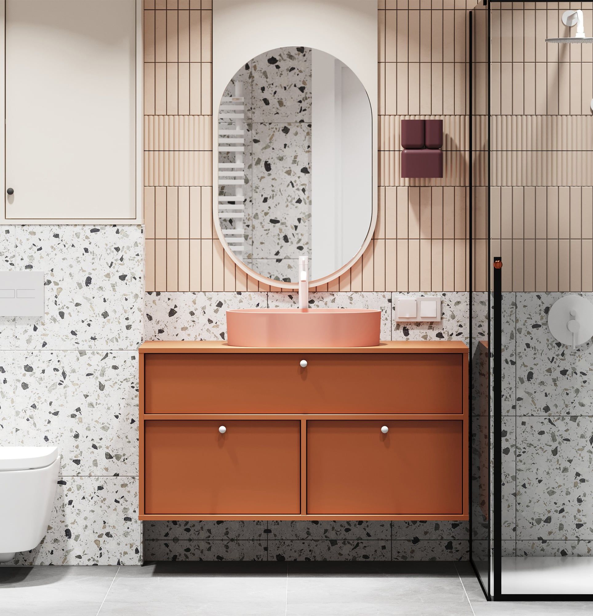 Meuble KABE avec vasque OMNIRES à poser WKU01 en style JAPANDI
Couleur : Terracotta ardent
Poignée : poignée sphérique KD White
Vasque : OVO M+ Coral OMNIRES
Robinet : Tall Y Blanc OMNIRES