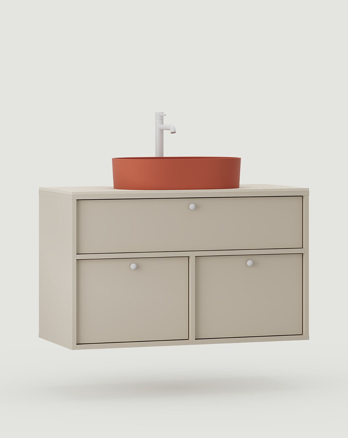 Meuble KABE avec vasque OMNIRES murale WKU01 en style JAPANDI
Couleur : Beige Champagne
Poignée : Poignée boule KD blanche
Vasque : OVO M+ Terracotta OMNIRES
Robinet : Tall Y Blanc OMNIRES