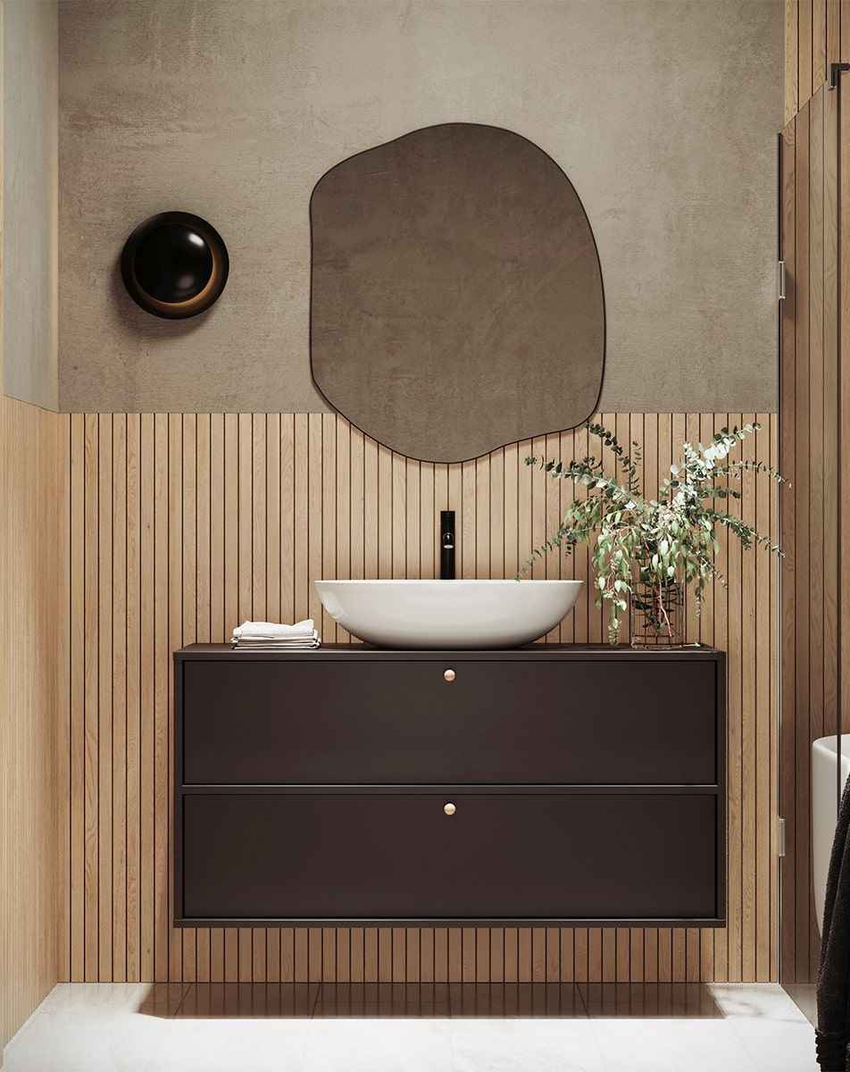 Meuble KABE avec vasque OMNIRES murale WKU02 en style JAPANDI
Couleur : Noir Onyx
Poignée : KD Poignée sphérique en bois
Vasque : Shell M+ Blanc brillant OMNIRES
Robinet : Tall Y Noir OMNIRES