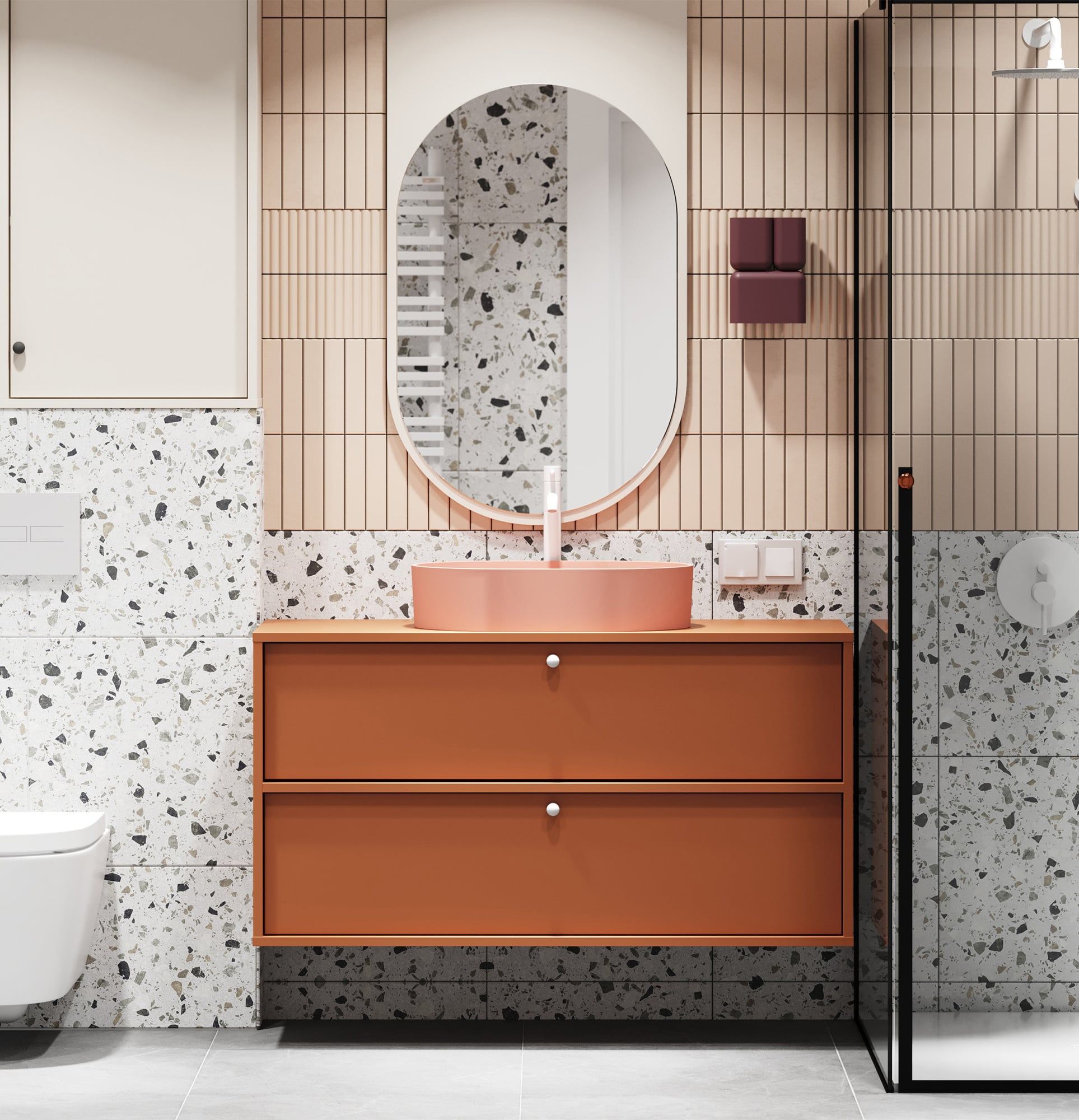 Meuble KABE avec vasque OMNIRES à poser WKU02 en style JAPANDI
Couleur : Terracotta ardent
Poignée : poignée sphérique KD White
Vasque : OVO M+ Coral OMNIRES
Robinet : Tall Y Blanc OMNIRES