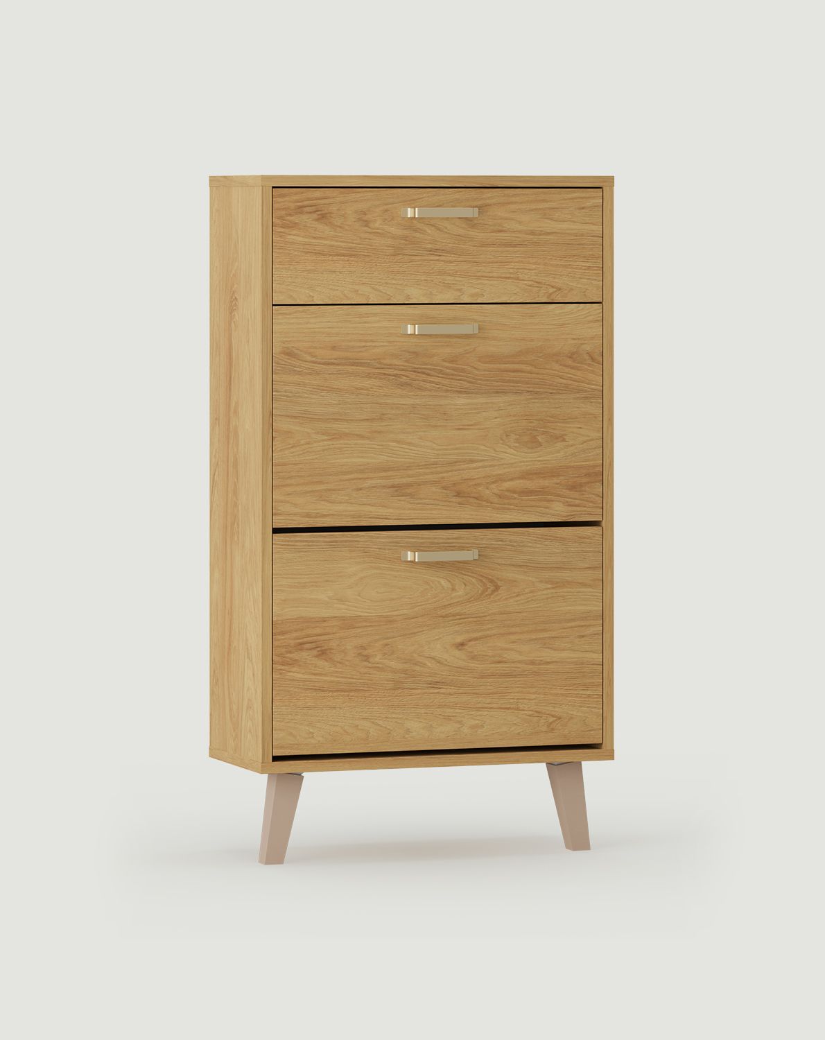 Armoire à chaussures à rabat FENRIS SBK4DSF
Couleur : Hickory naturel
Pied : hêtre beige trapézoïdal
Poignée : JORD Gold