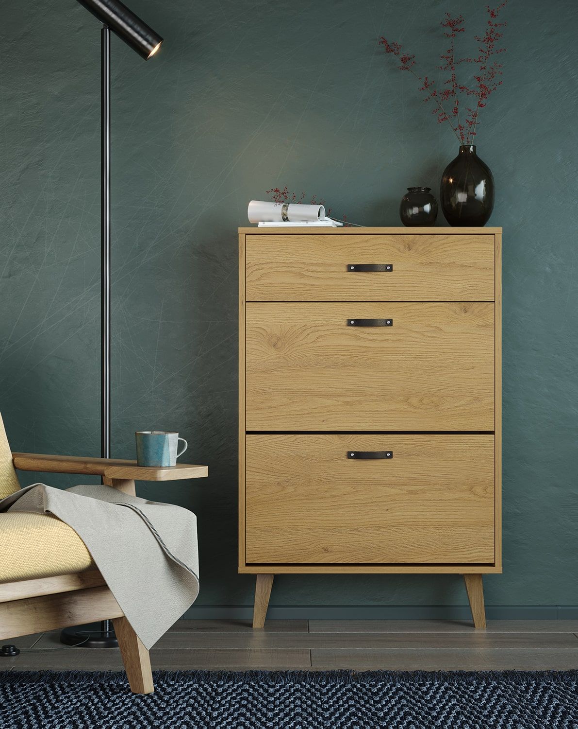 Armoire à chaussures à abattant FENRIS SBK4F
Couleur : Chêne soleil
Pied : Chêne trapézoïdal huilé
Poignée : Poignée SKADI Cuir noir SKCZ