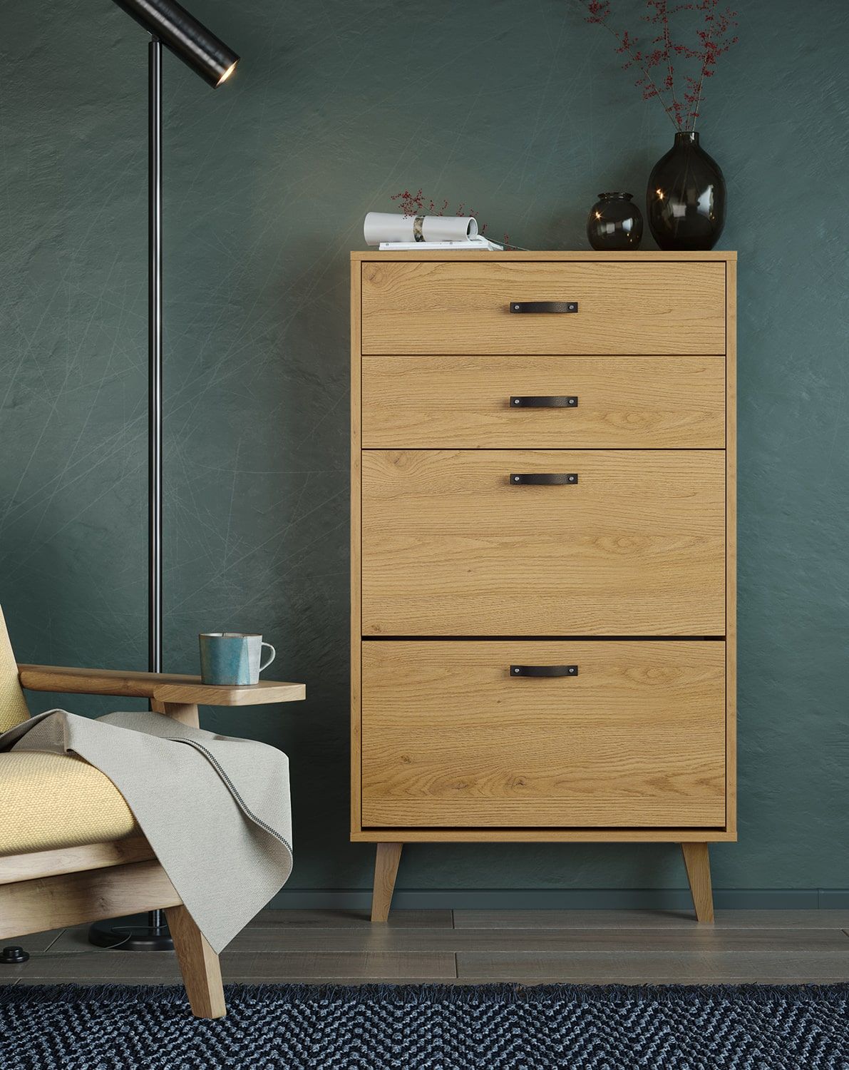 FENRIS SBK5SF armoire à chaussures à abattant
Couleur : Chêne soleil
Pied : Chêne trapézoïdal huilé
Poignée : Poignée SKADI Cuir noir SKCZ