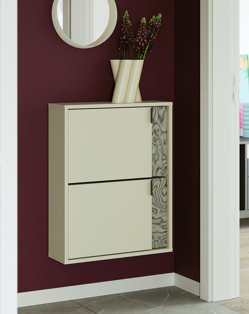 Armoire à chaussures à rabat LAYERS LAY36
Coloris : Voie lactée
Couleur de la deuxième couche de la façade : Placage gris Sottsass
Poignée : poignée LAYERS 110 Deep Basalt