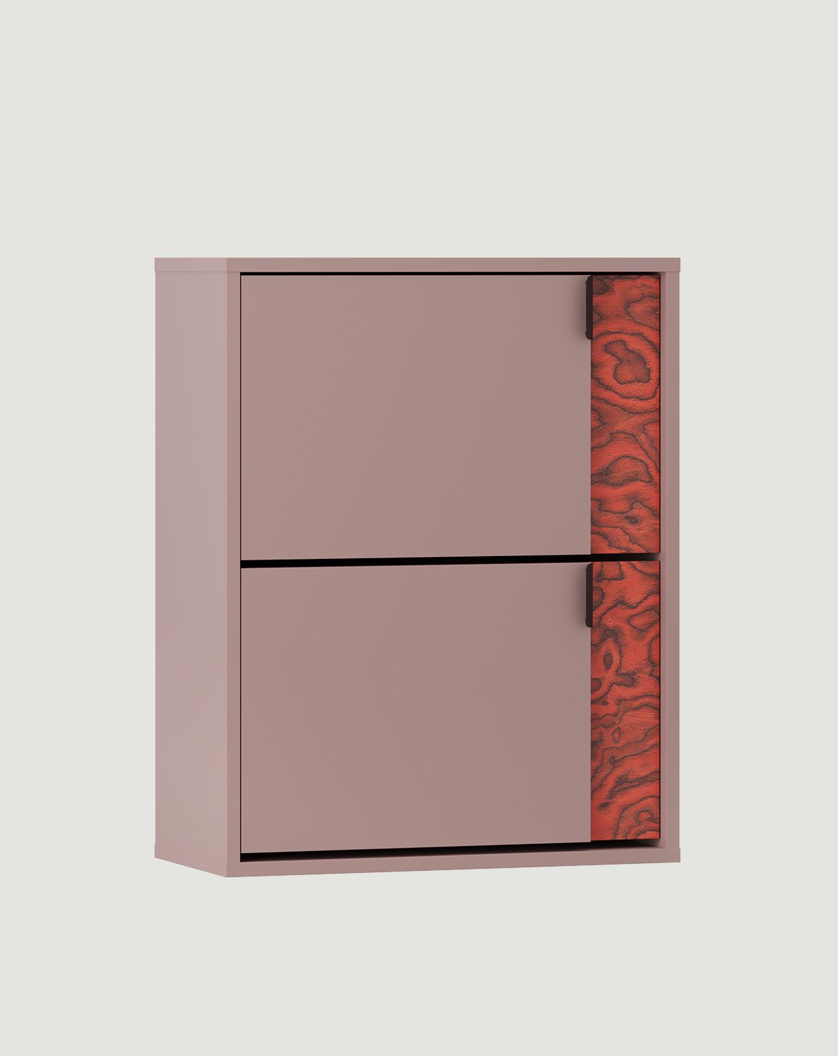 Armoire à chaussures à rabat LAYERS LAY37
Couleur : Rose antique
Couleur de la façade : placage rouge Sottsass
Poignée : LAYERS 110 Onyx noir
