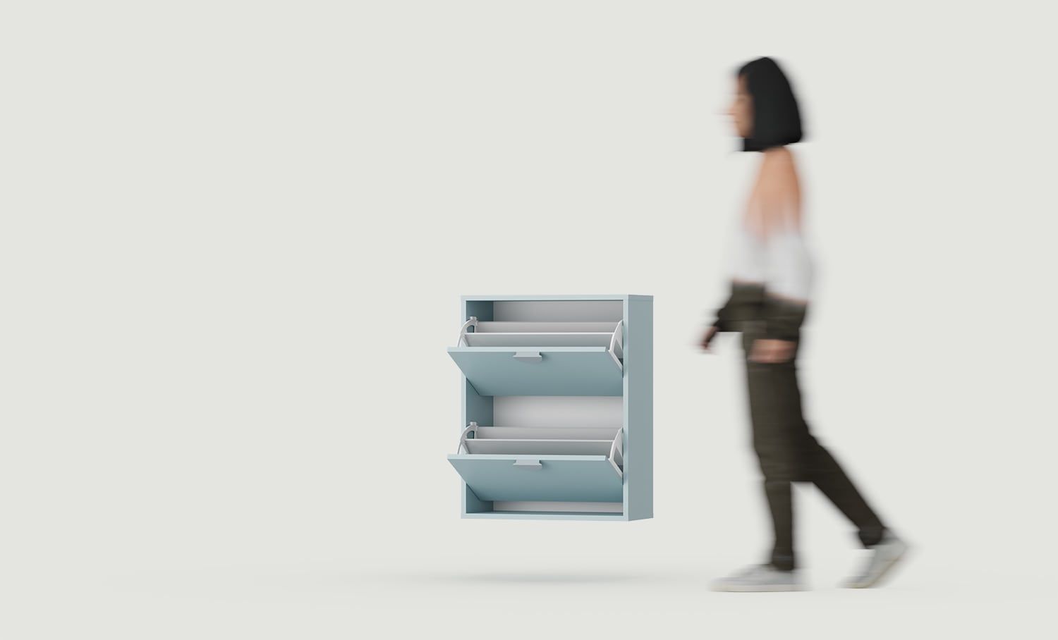 Meuble à chaussures suspendu SBK2D
Couleur : Bleu colombe
Poignée : poignée en bois de frêne RIND