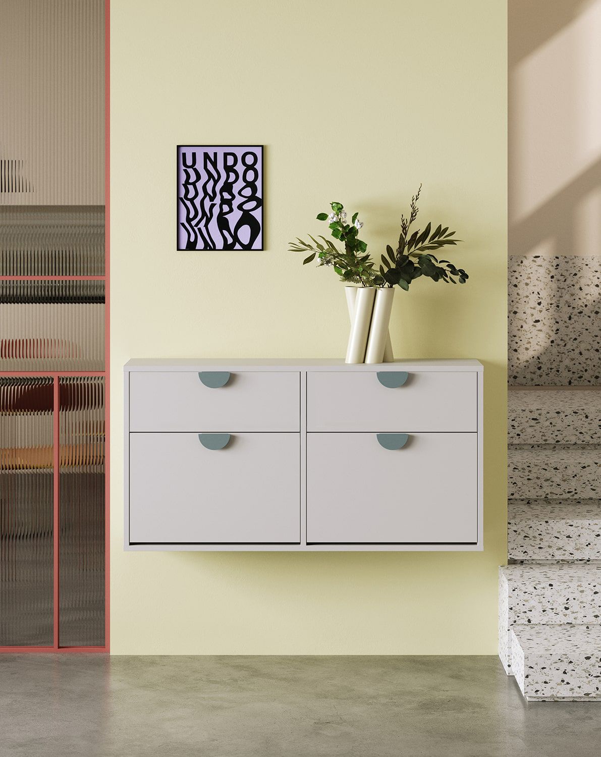 Armoire à chaussures suspendue SBK3DS
Couleur : Gris silencieux
Poignée : poignée en bois de frêne RIND
                            