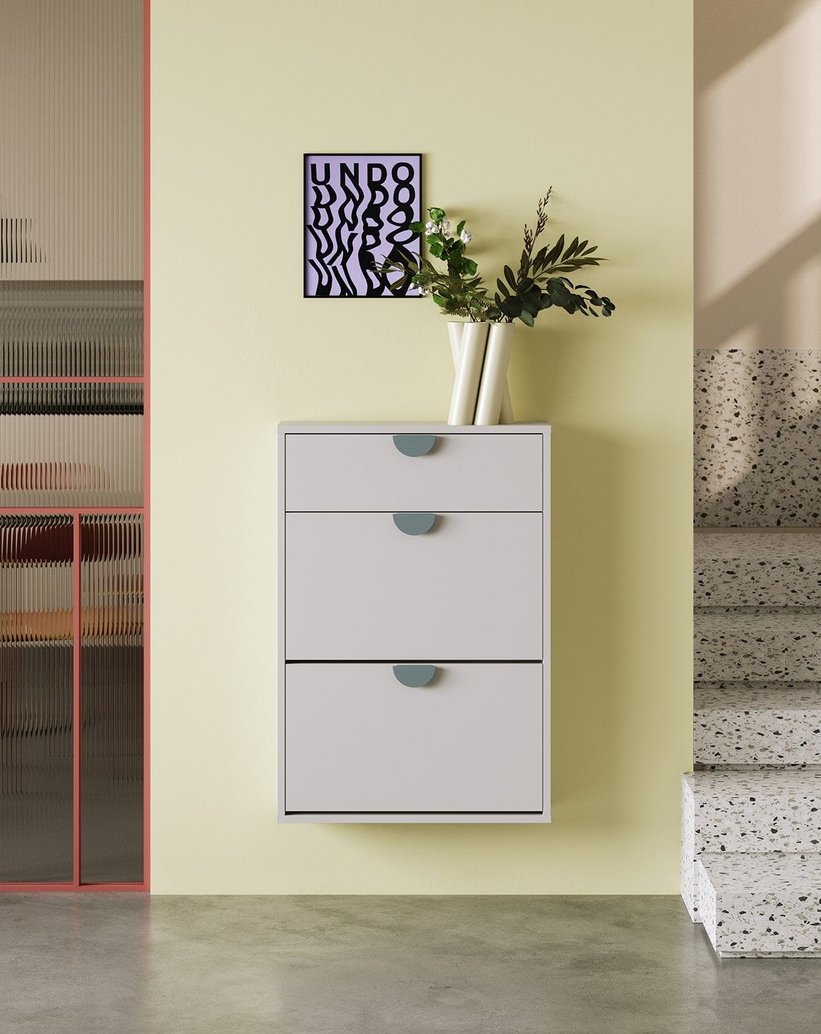 Armoire à chaussures suspendue SBK4
Couleur : Gris silencieux
Poignée : poignée en bois de frêne RIND