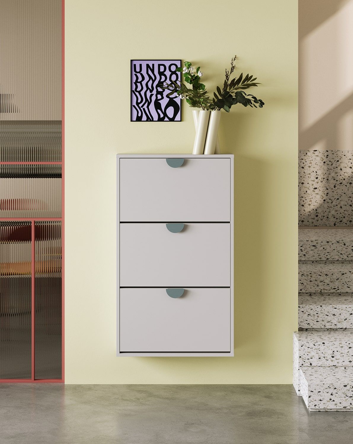 Armoire à chaussures suspendue SBK6
Couleur : Gris silencieux
Poignée : poignée en bois de frêne RIND