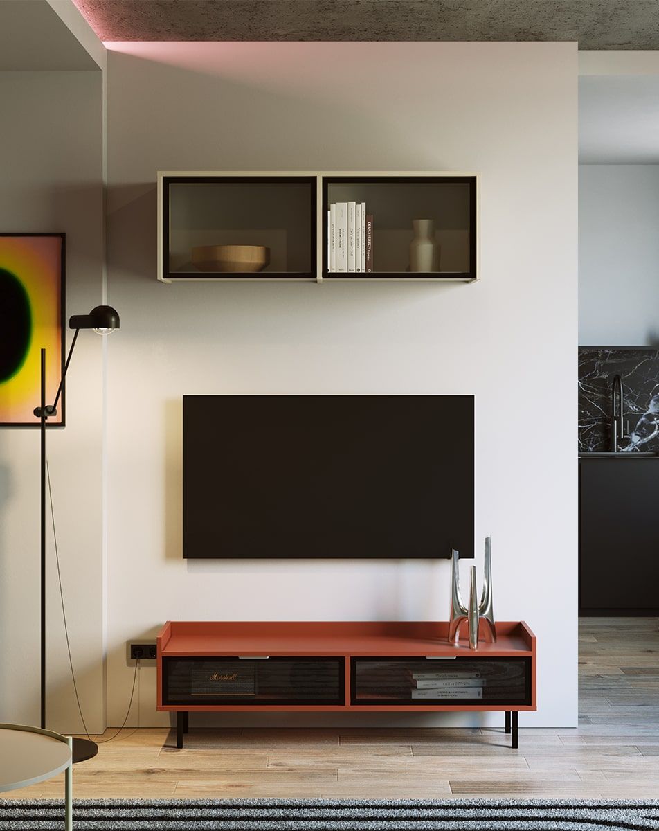 Armoire RTV à vitrage bas SIGI RS1TV1
Couleur : Terracotta ardent
Verre : Verre lisse
Pied : Noir
Poignée : argent LING