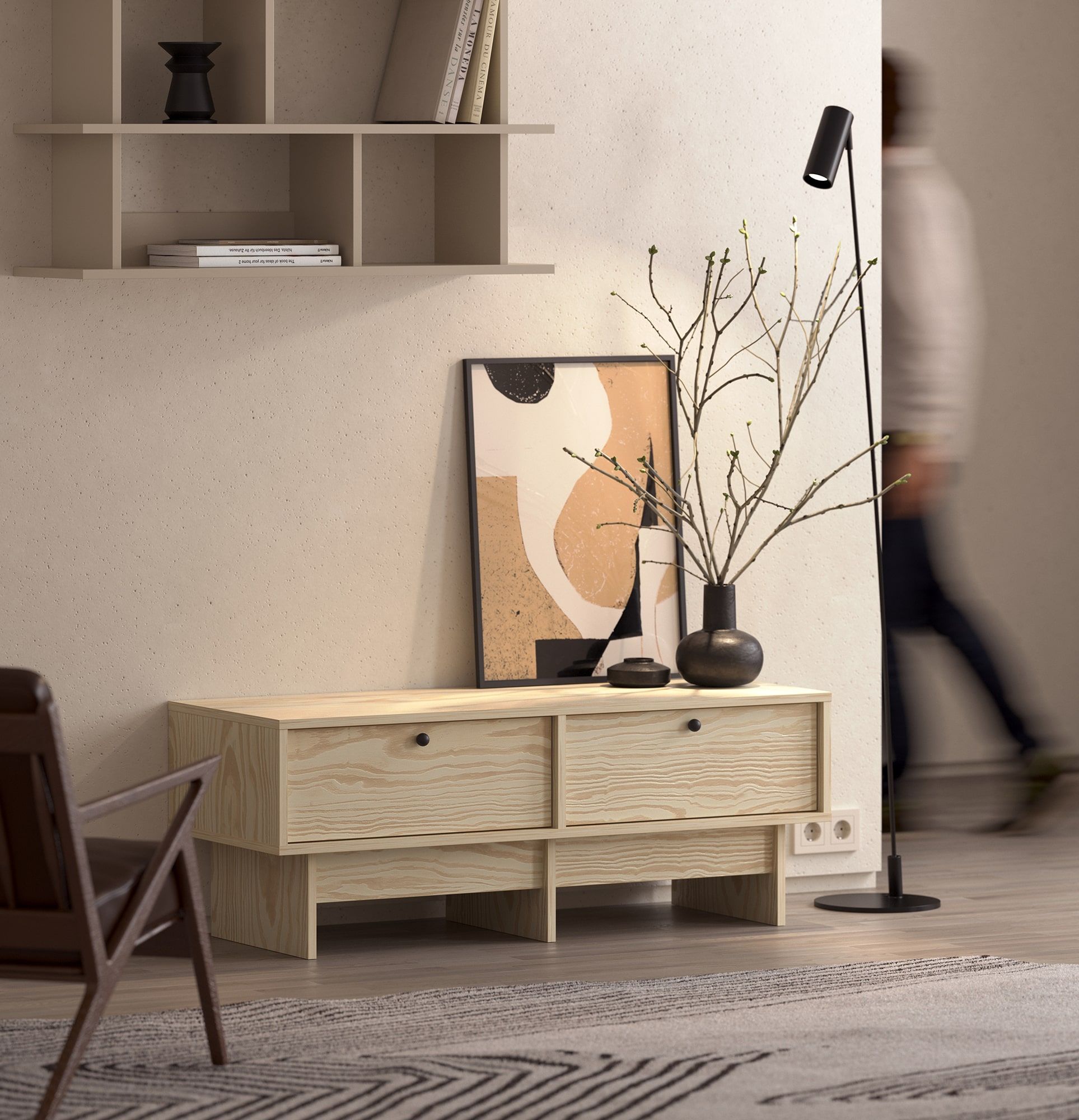 Armoire basse RTV KABE KNTV1 en style JAPANDI
Couleur : Pin flammé
Poignée : Poignée boule Noir KD