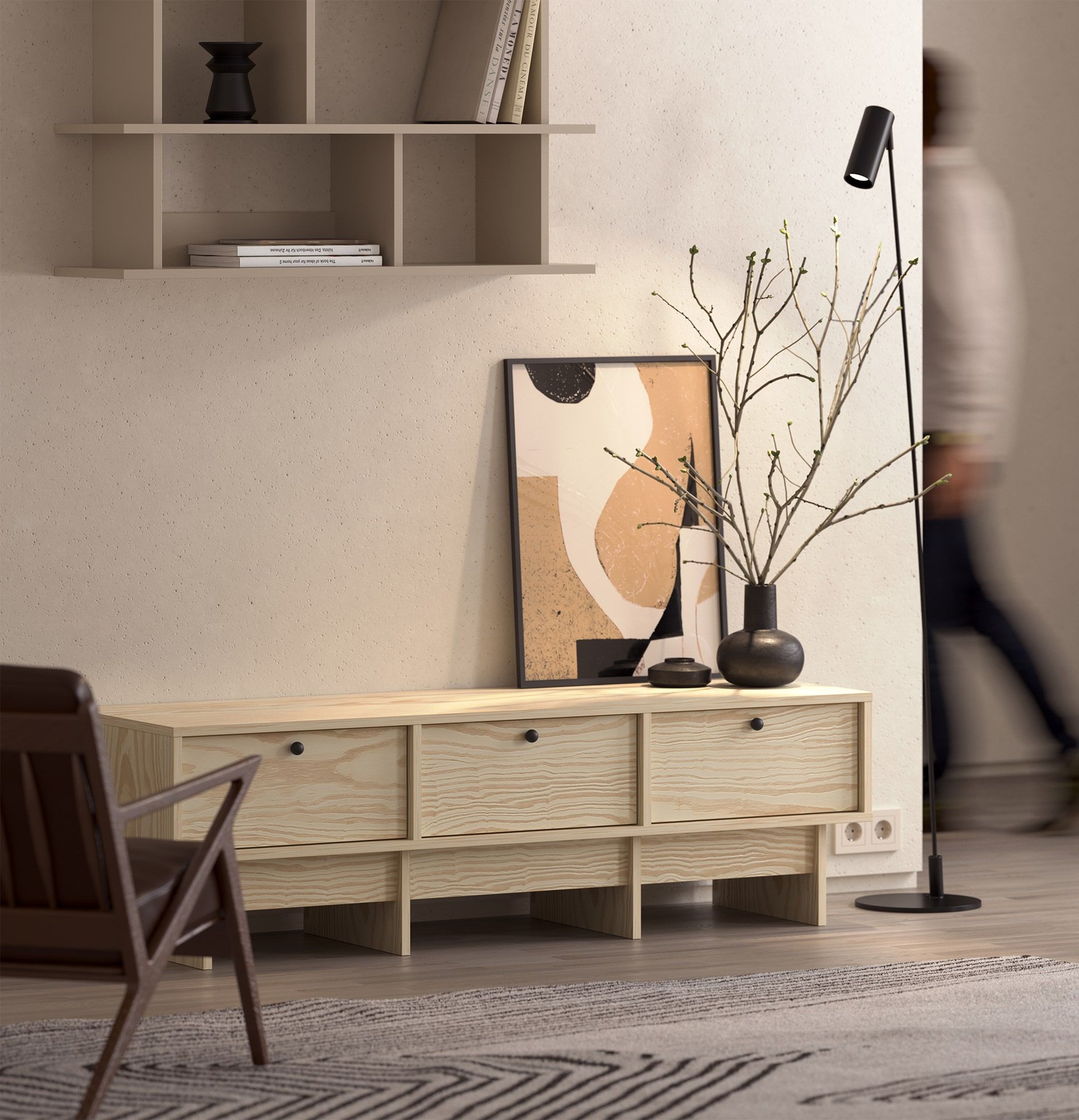 Armoire basse RTV KABE KNTV2 en style JAPANDI
Couleur : Pin flammé
Poignée : Poignée boule Noir KD