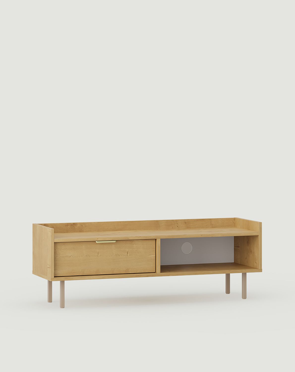 SIGI S1TV3 armoire basse RTV
Couleur : chêne Hamilton
Pied : Cappuccino
Poignée : LING Gold
