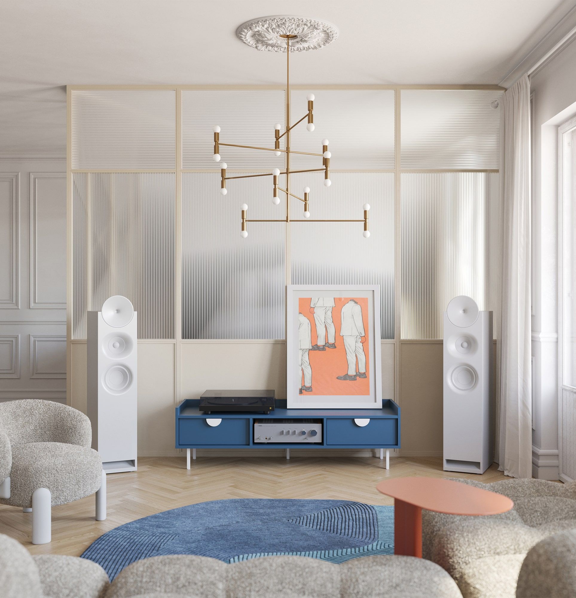 Armoire basse RTV SIGI S3TV2
Couleur : bleu tyrolien
Pied : blanc
Poignée : Poignée RIND Blanc