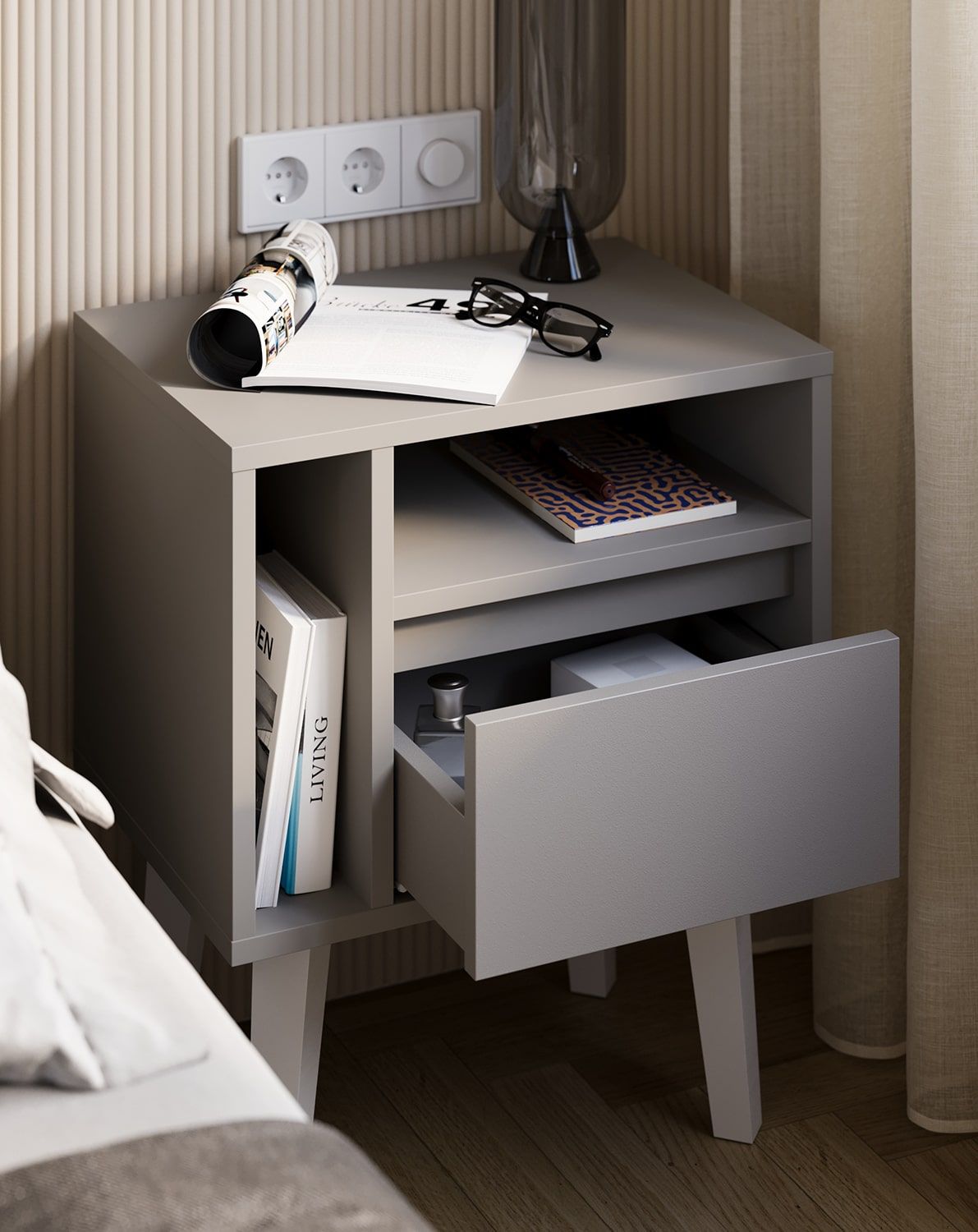 Table de chevet FENRIS SNF06
Couleur : Poussière de lune
Pied : hêtre trapézoïdal blanc