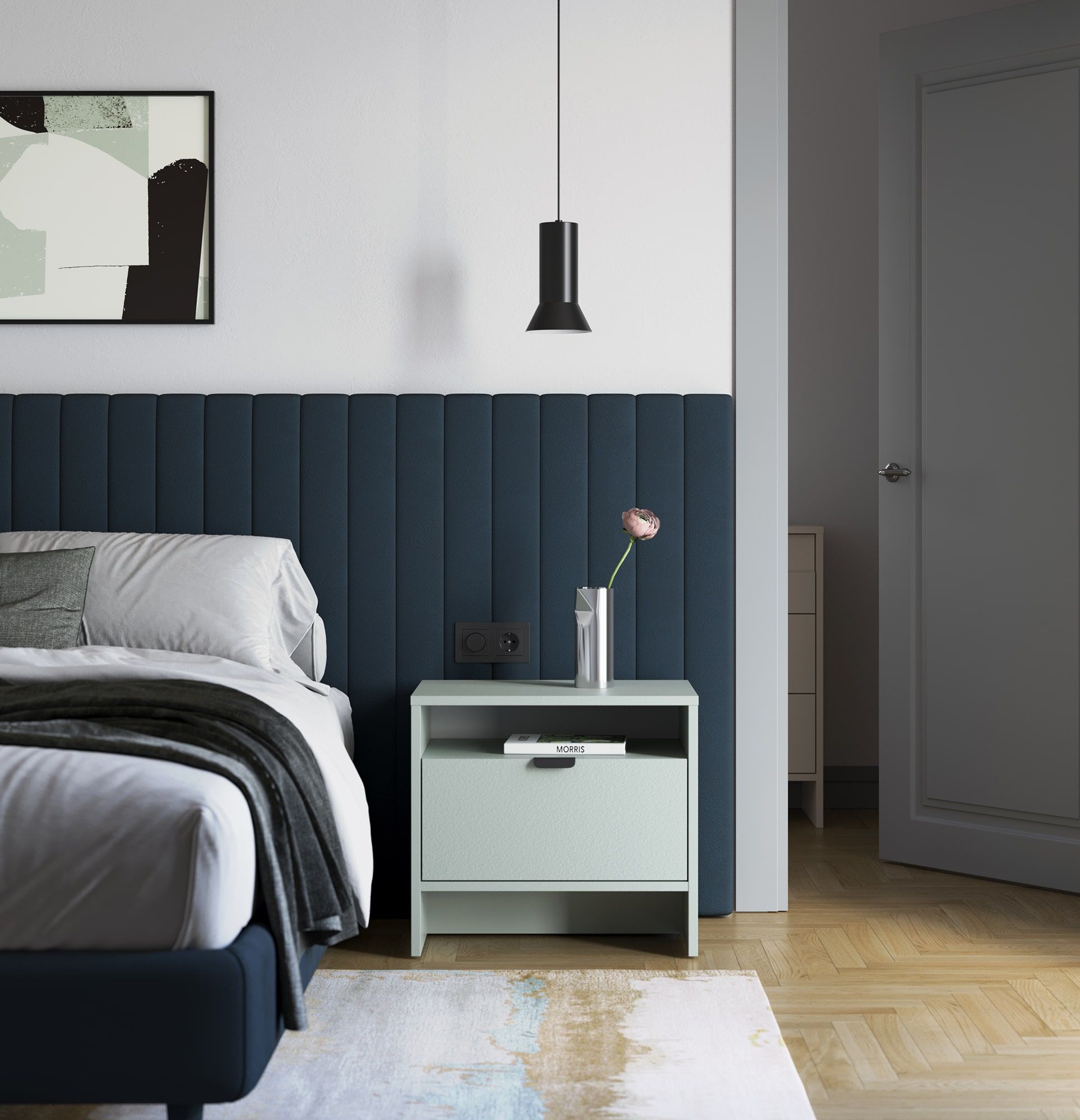 LAYERS LAY28 chevet avec niche et tiroir
Couleur : Pistache Lait
Poignée : Poignée LAYERS 110 Black Onyx