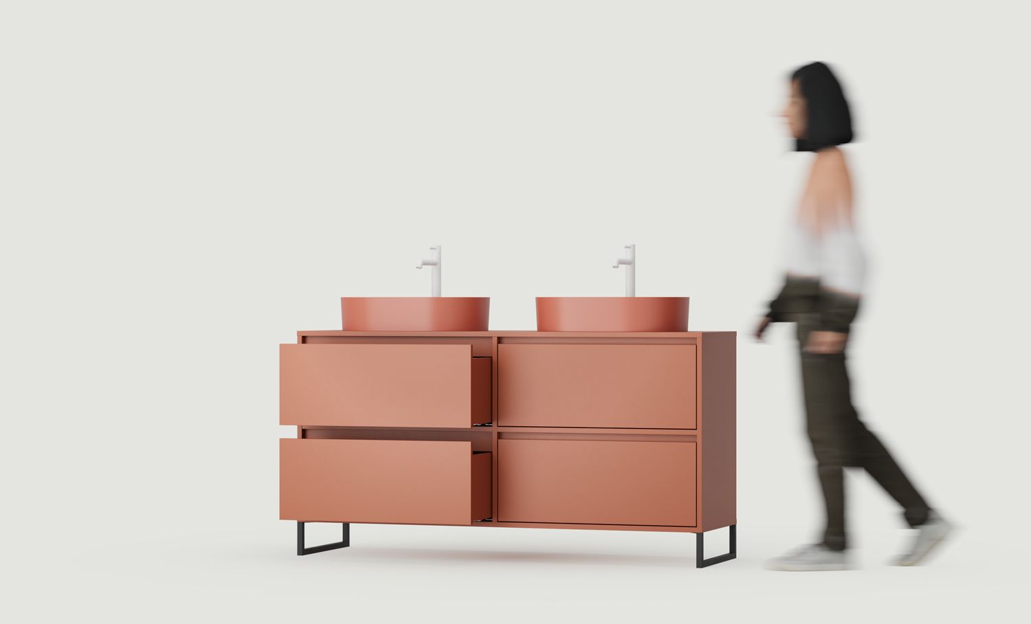 Armoire ODIS avec deux lavabos OMNIRES O2U03
Couleur : Terracotta ardent
Couleur du pied : ODIS Steel Black
Vasque : OVO M+ Terracotta OMNIRES
Robinet : Tall Y Blanc OMNIRES
Plateau de table : Sans plateau de table