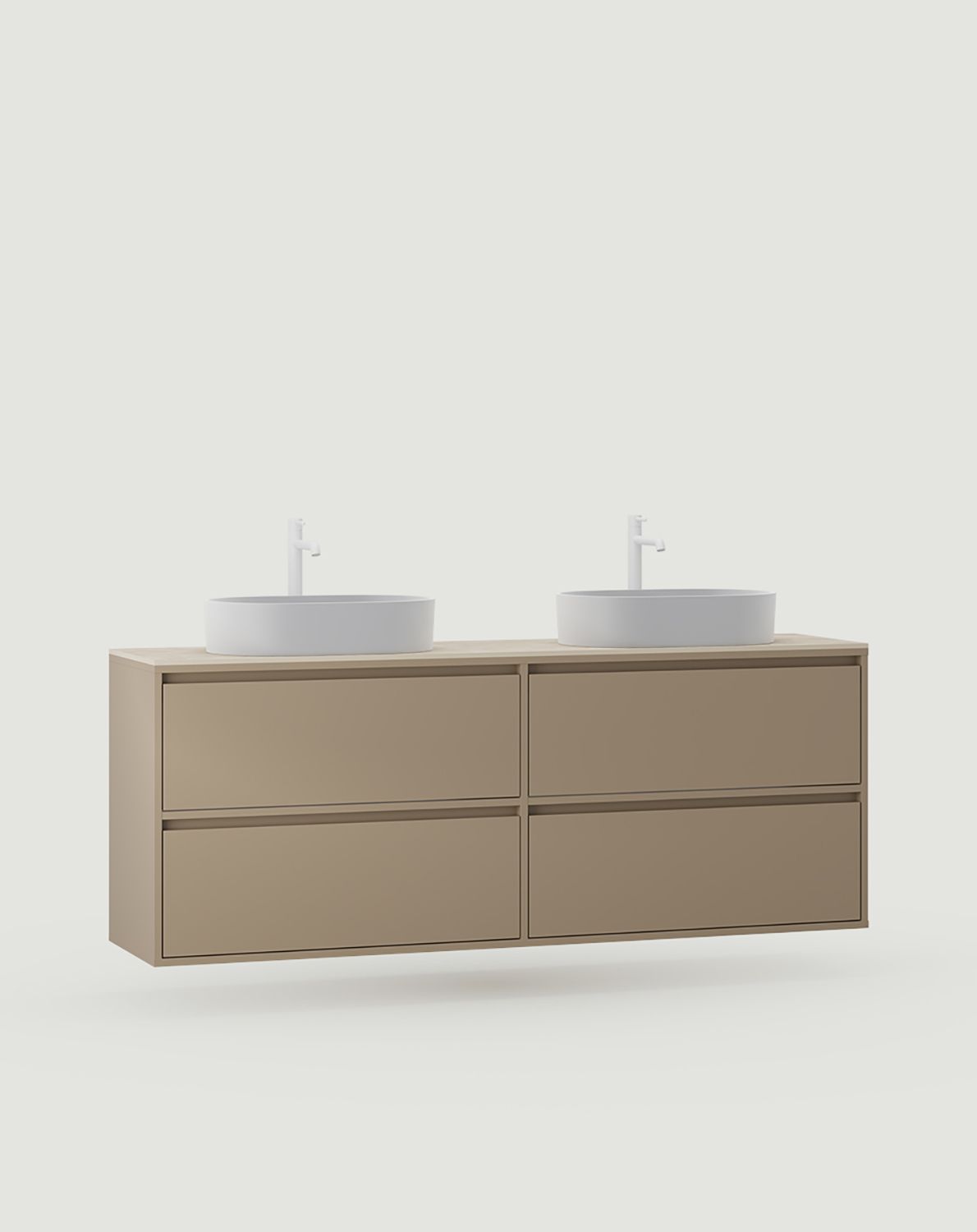 ODIS armoire avec deux lavabos OMNIRES fixation murale WO2U03
Couleur : Cappuccino
Vasque : OVO M+ Blanc brillant OMNIRES
Robinetterie : Tall Y Blanc mat OMNIRES
Plan de travail : White Crystal Sinter
                            