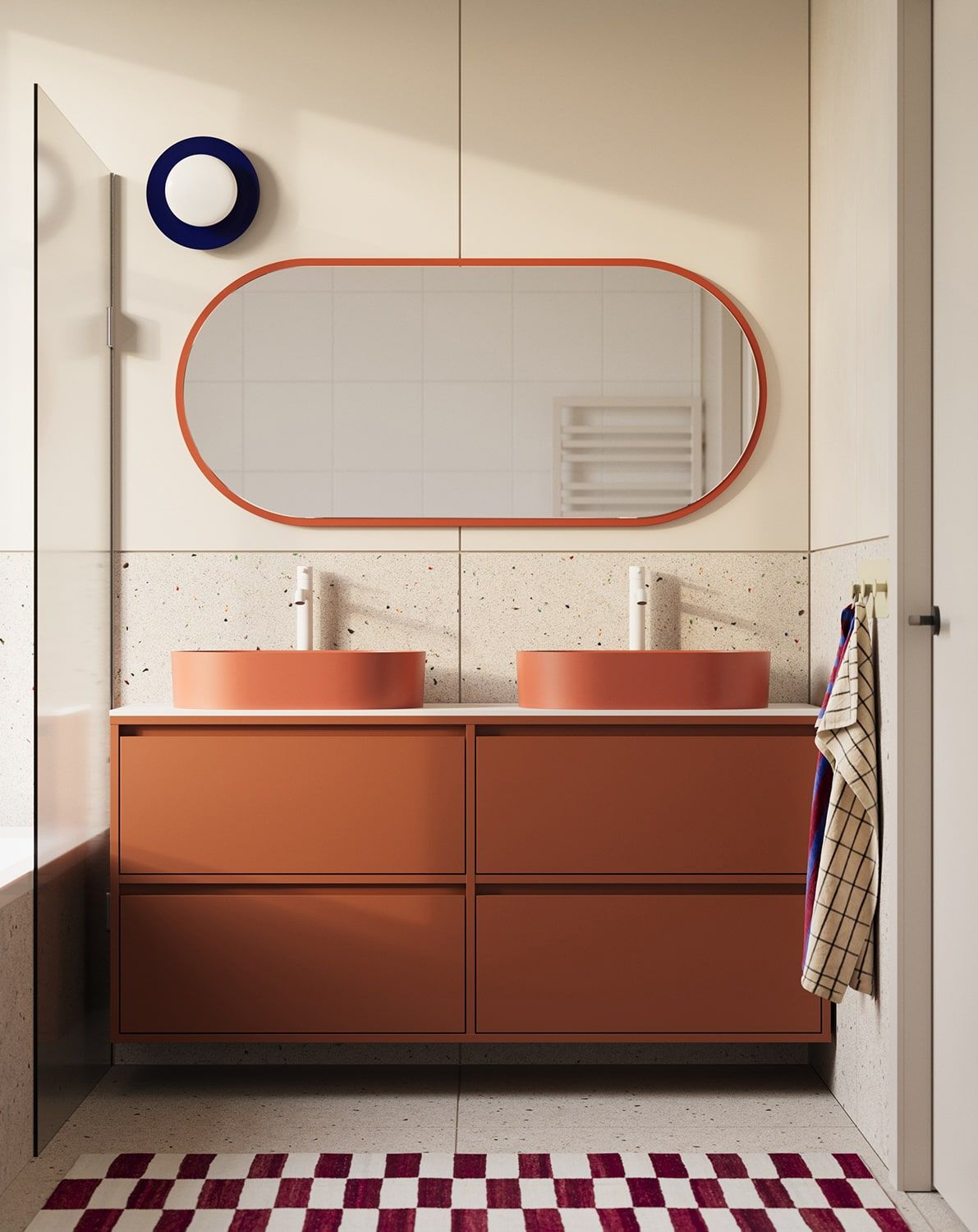 ODIS armoire avec deux lavabos OMNIRES fixation murale WO2U03
Couleur : Terracotta ardent
Vasque : OVO M+ Coral OMNIRES
Robinetterie : Tall Y White Mat OMNIRES
Plan de travail : White Crystal Sinter