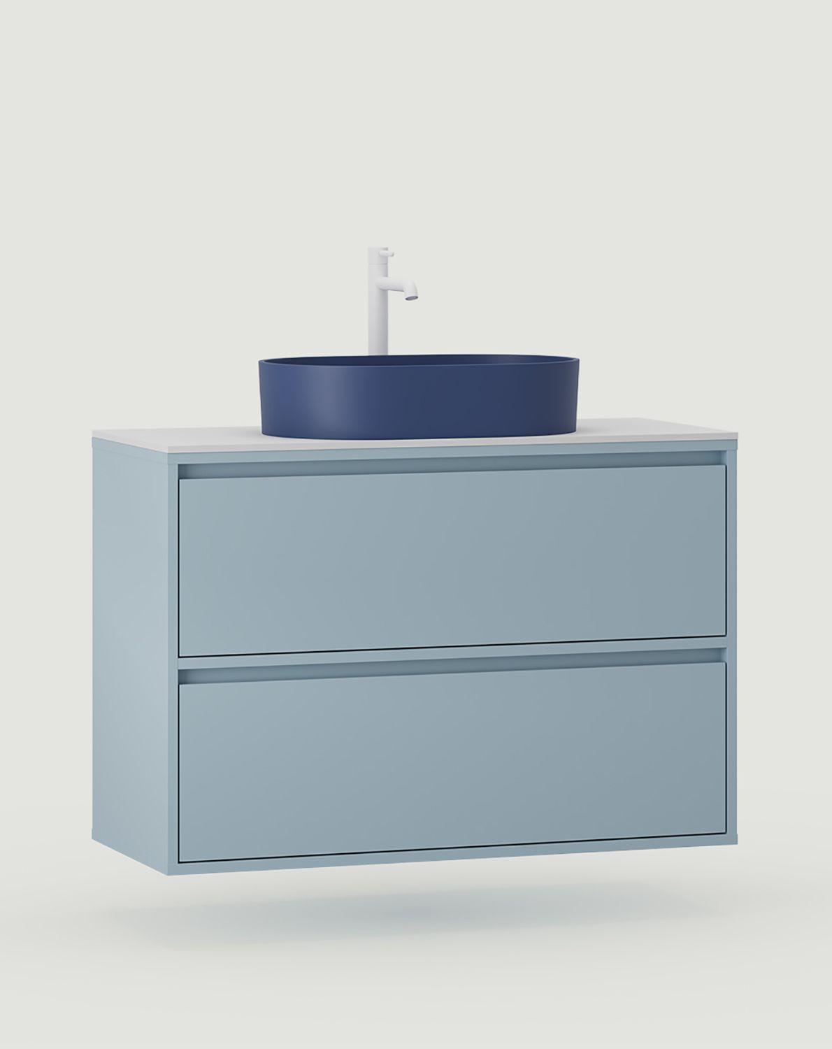 Armoire ODIS avec lavabo OMNIRES à poser WOU02
Couleur : Bleu colombe
Vasque : Shell M+ Midnight Blue OMNIRES
Robinet : Tall Y Blanc Mat OMNIRES
Plan de travail : White Crystal Sinter
