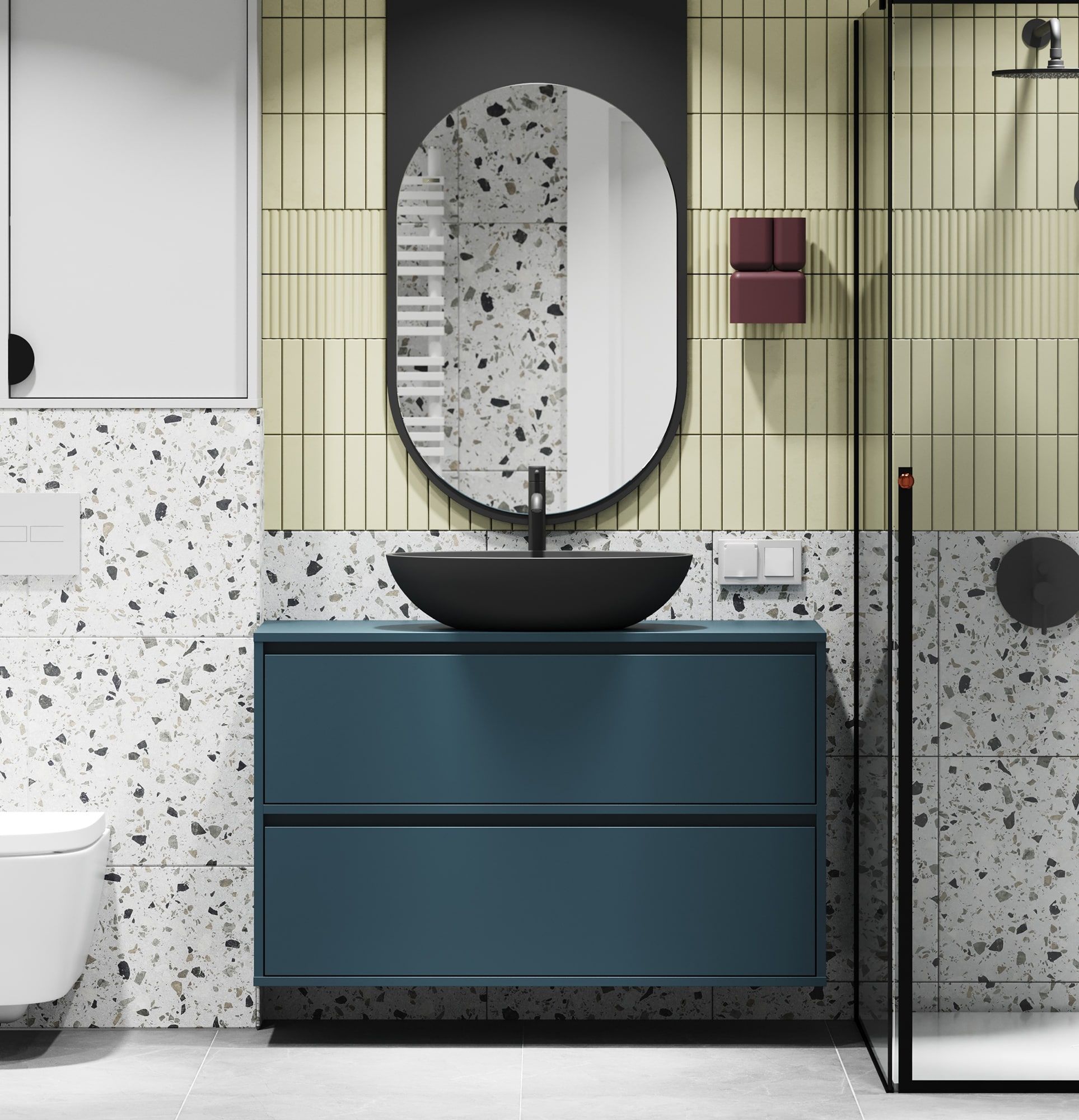 Armoire ODIS avec lavabo OMNIRES à poser WOU02
Couleur : Voile de nuit
Lavabo : Shell M+ Black Mat OMNIRES
Robinet : Tall Y Noir OMNIRES
Plan de travail : Sans plan de travail