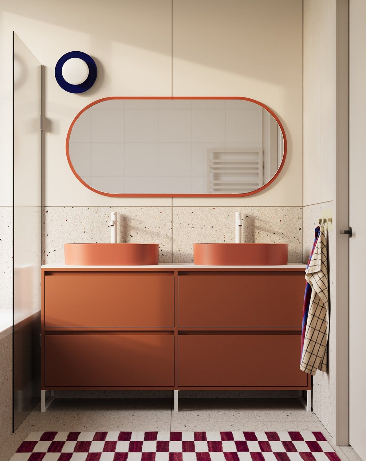 Meuble pour deux lavabos ODIS O2U03B
Couleur : Terracotta ardent
Couleur des pieds : ODIS Steel White
Vasque : OVO M+ Coral OMNIRES
Robinetterie : Tall Y Blanc Mat OMNIRES
Plan de travail : White Crystal Sinter