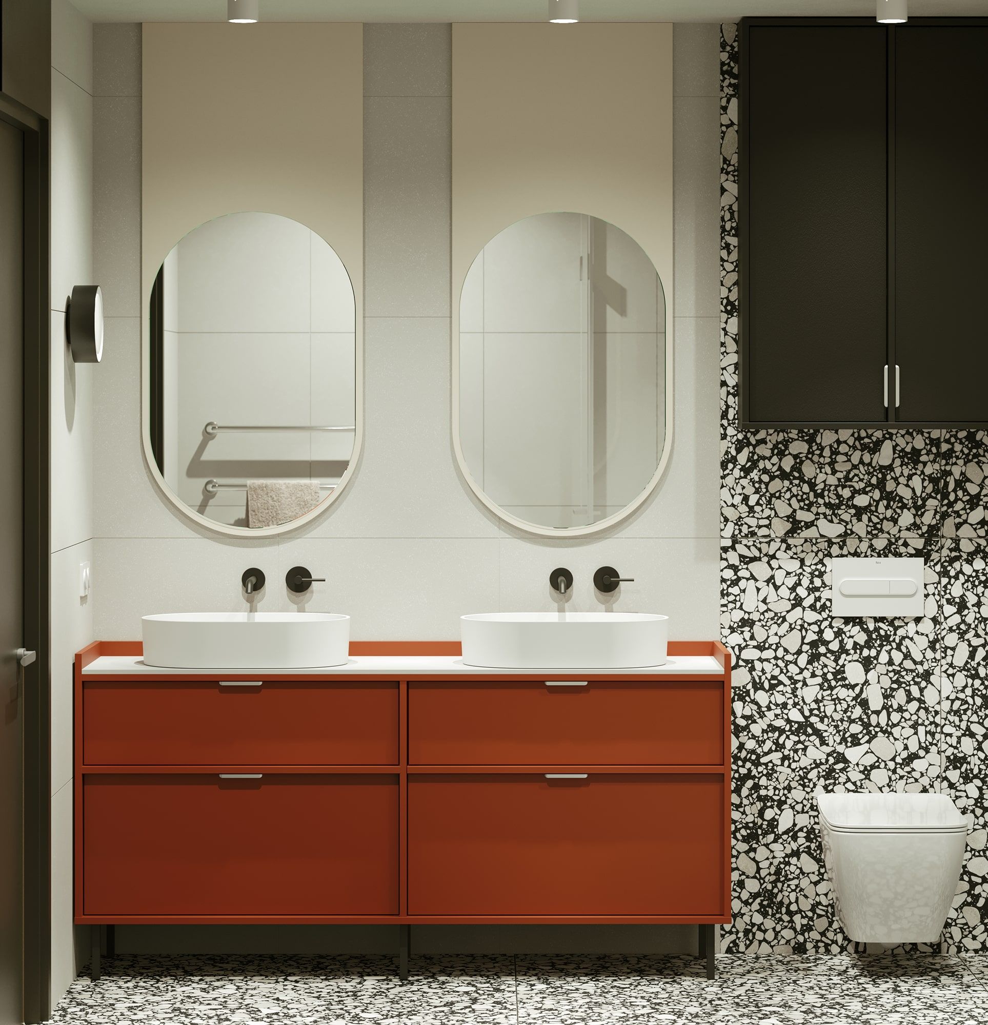 SIGI S2U03B Meuble double lavabo
Couleur : Terre cuite flamboyante
Pied : Noir
Poignée : LING Argent
Lavabo : OVO M+ Blanc brillant OMNIRES
Plan de travail : White Crystal
