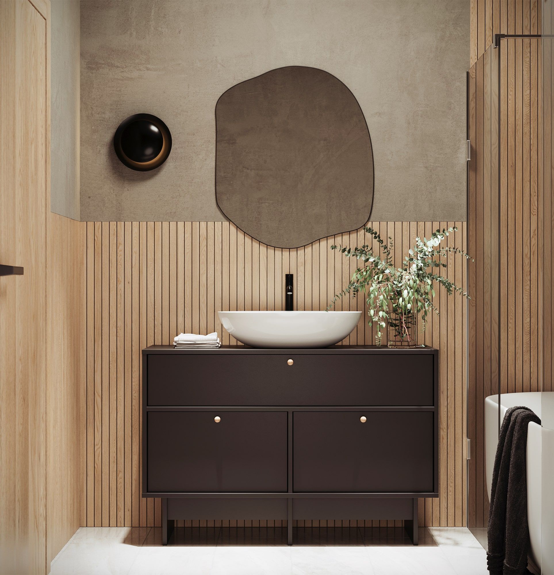 KABE KU01B meuble lavabo en style JAPANDI
Couleur : Onyx noir
Poignée : KD Poignée sphérique en bois
Lavabo : Shell M+ Blanc brillant OMNIRES
Robinet : Tall Y Noir OMNIRES