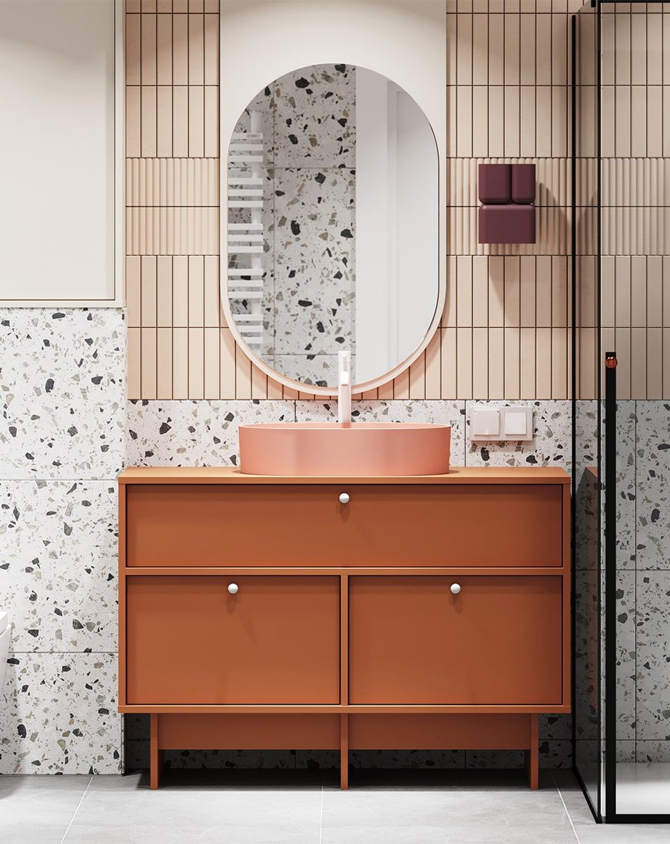 KABE KU01B meuble lavabo en style JAPANDI
Couleur : terre cuite flamboyante
Poignée : Poignée sphérique KD White
Vasque : OVO M+ Coral OMNIRES
Robinet : Tall Y Blanc OMNIRES