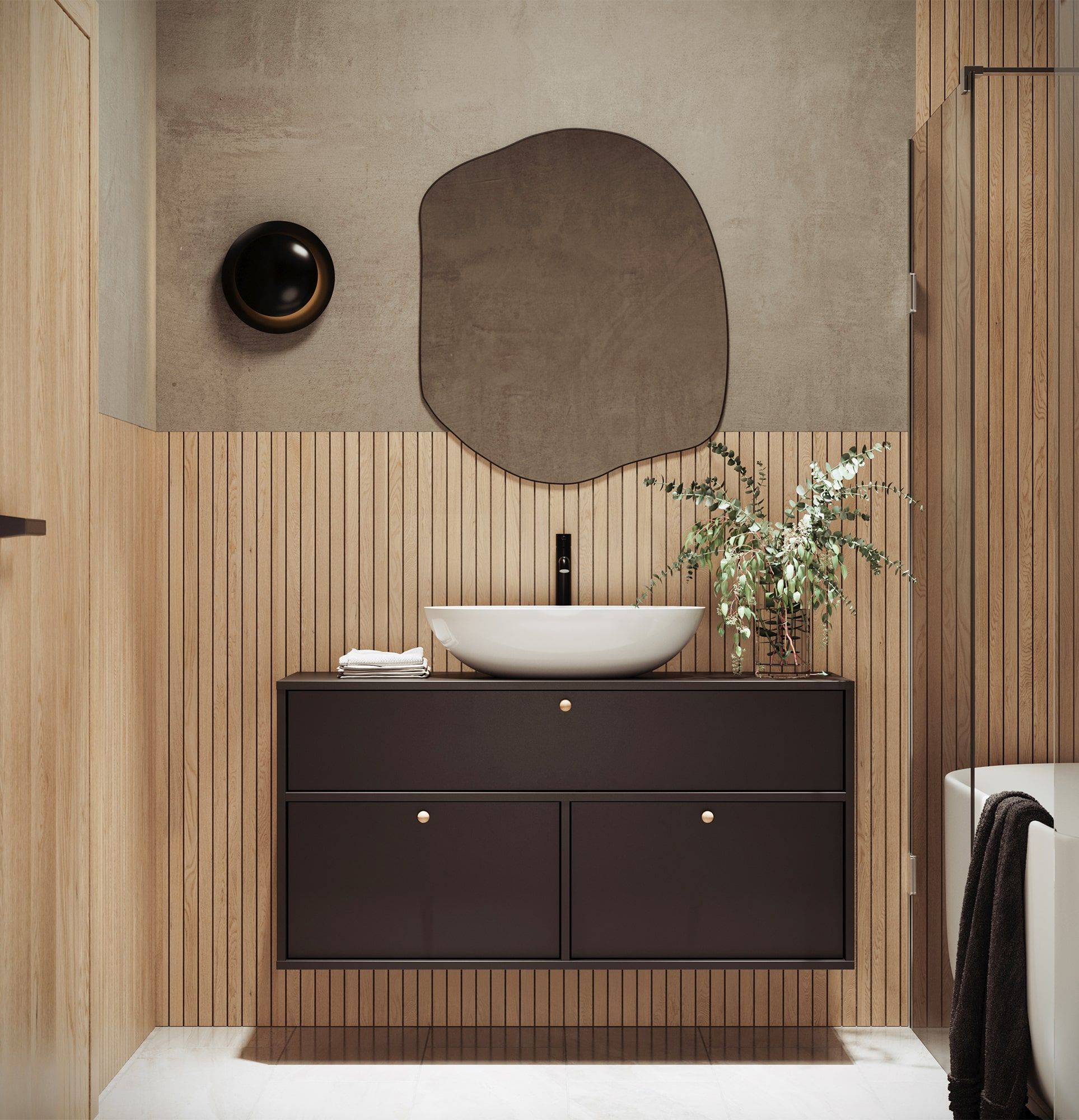 KABE meuble lavabo mural WKU01B en style JAPANDI
Couleur : Onyx noir
Poignée : KD Poignée sphérique en bois
Vasque : Shell M+ Blanc brillant OMNIRES
Robinet : Tall Y Noir OMNIRES
