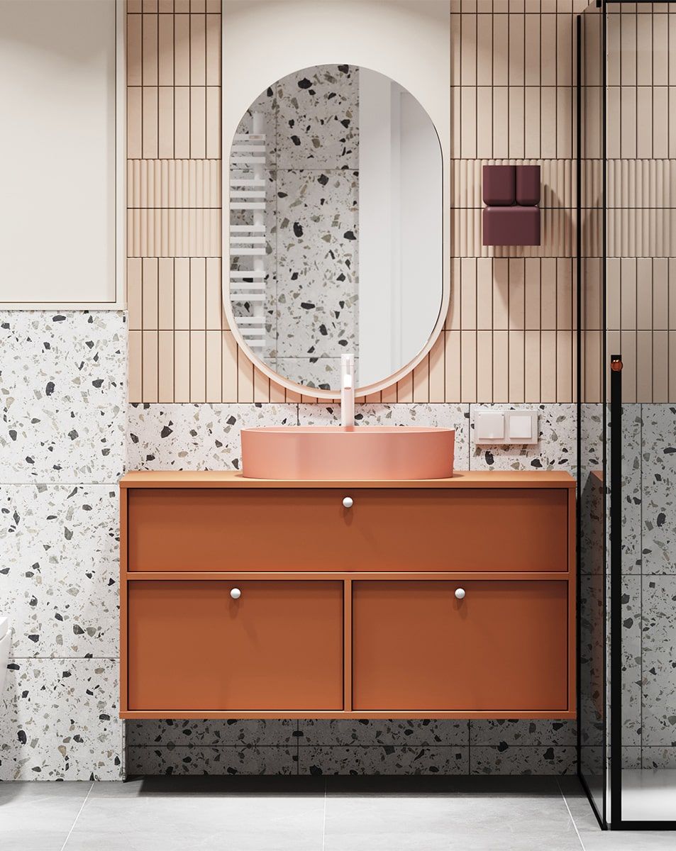 KABE meuble lavabo mural WKU01B en style JAPANDI
Couleur : Terracotta ardent
Poignée : Poignée boule KD blanche
Vasque : OVO M+ Coral OMNIRES
Robinet : Tall Y Blanc OMNIRES
