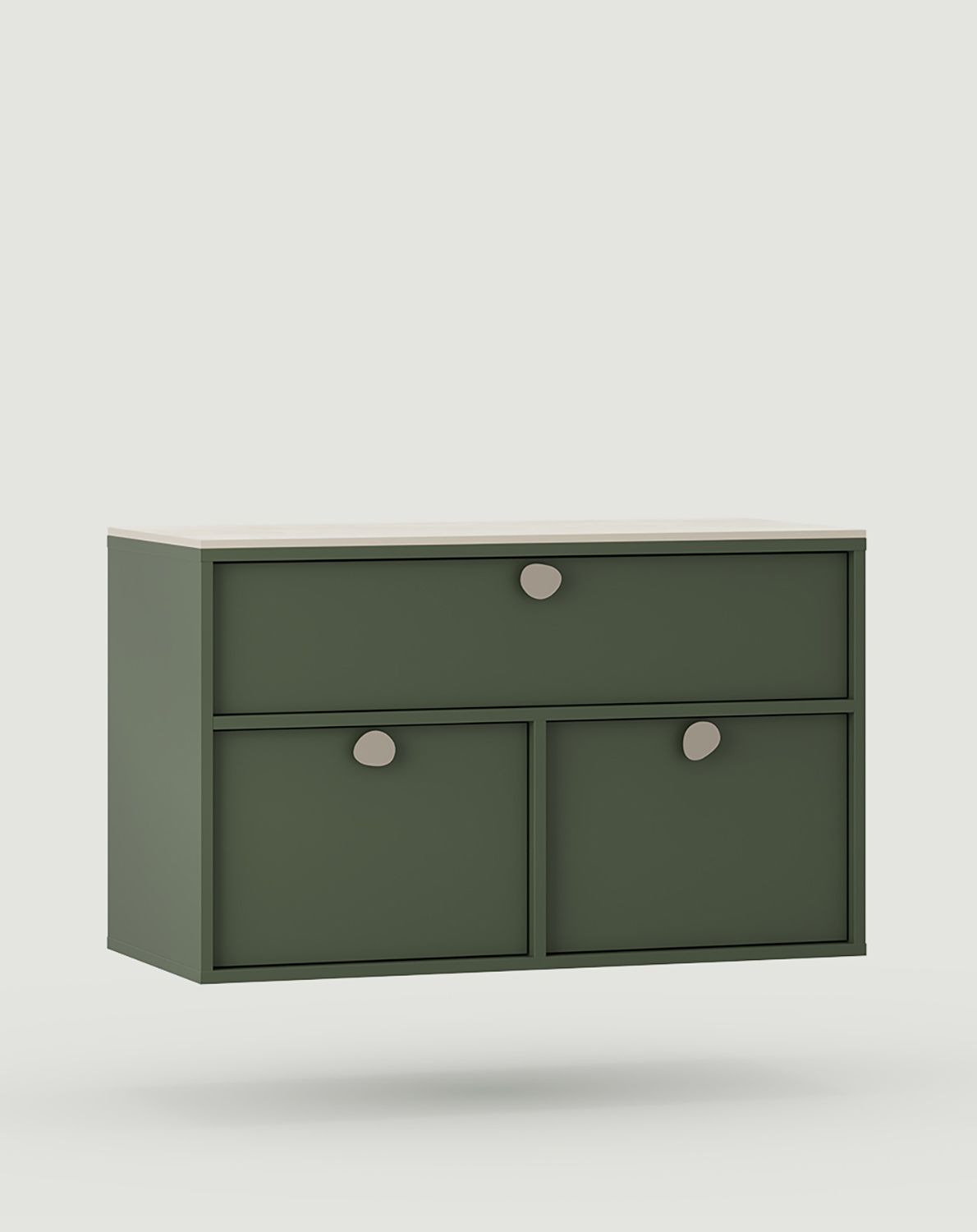 KABE meuble lavabo mural WKU01B en style JAPANDI
Couleur : Vert cyprès
Poignée : Poignée en acier teinté gris beige
Plateau de table : fritté crème diamant
                            