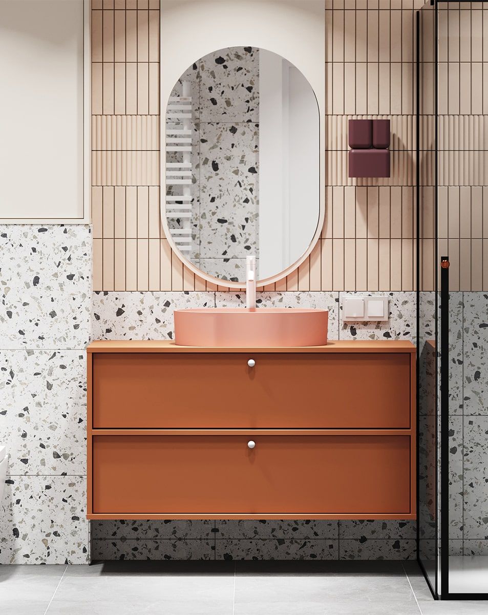KABE meuble lavabo mural WKU02B en style JAPANDI
Couleur : Terracotta ardent
Poignée : poignée sphérique KD White
Vasque : OVO M+ Coral OMNIRES
Robinet : Tall Y Blanc OMNIRES