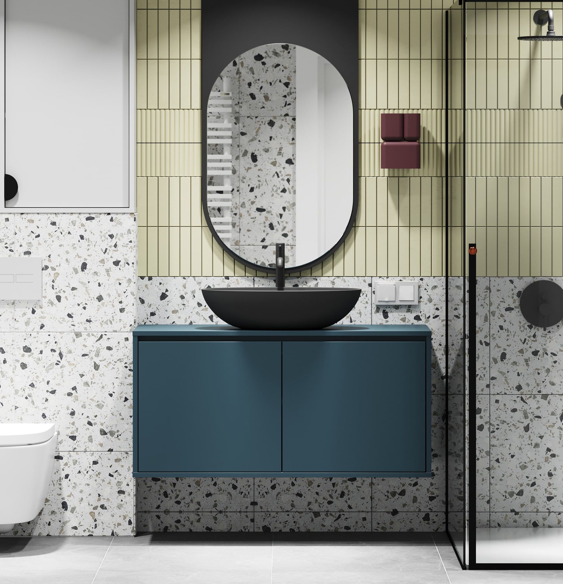 ODIS meuble lavabo mural WOU01B
Couleur : Voile de nuit
Lavabo : Shell M+ Black Mat OMNIRES
Robinet : Tall Y Noir OMNIRES
Plan de travail : Sans plan de travail