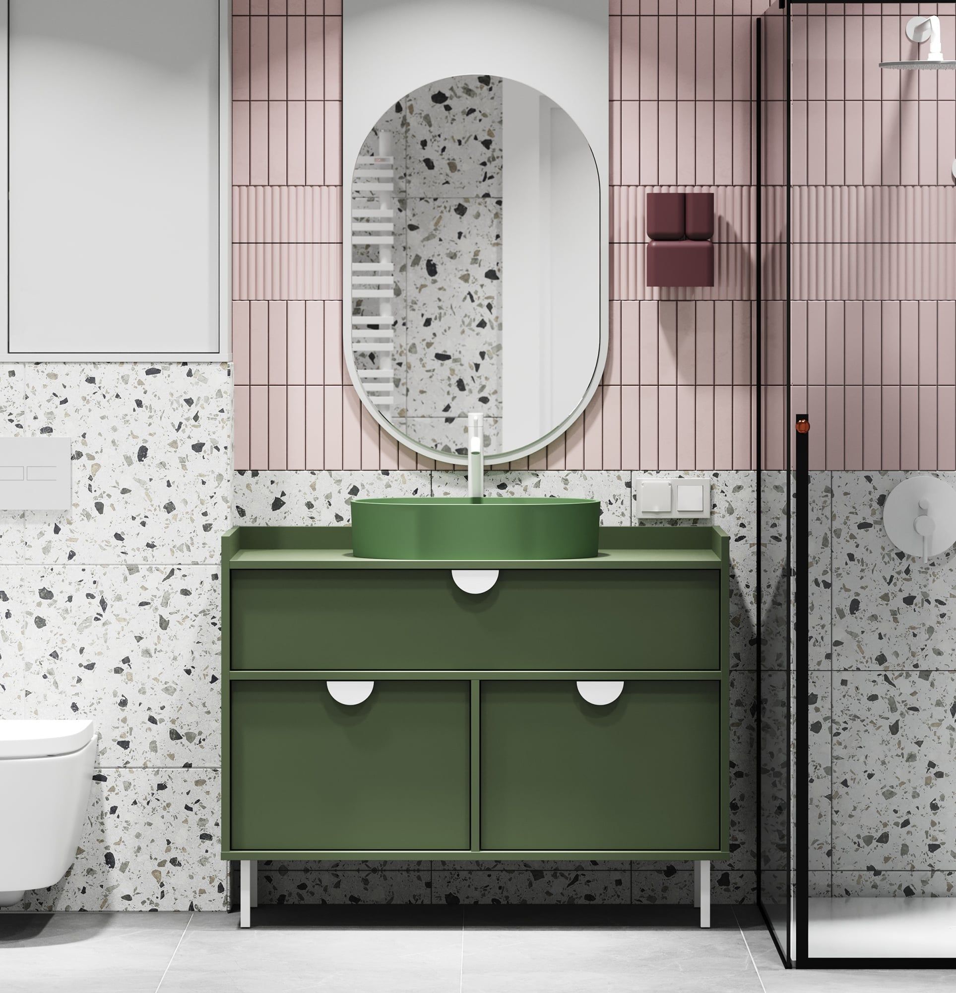 Meuble lavabo SIGI SU01B
Couleur : vert cyprès
Pied : blanc
Poignée : poignée en bois RIND
Vasque : OVO M+ Olive OMNIRES
Robinet : Tall Y Blanc Mat OMNIRES