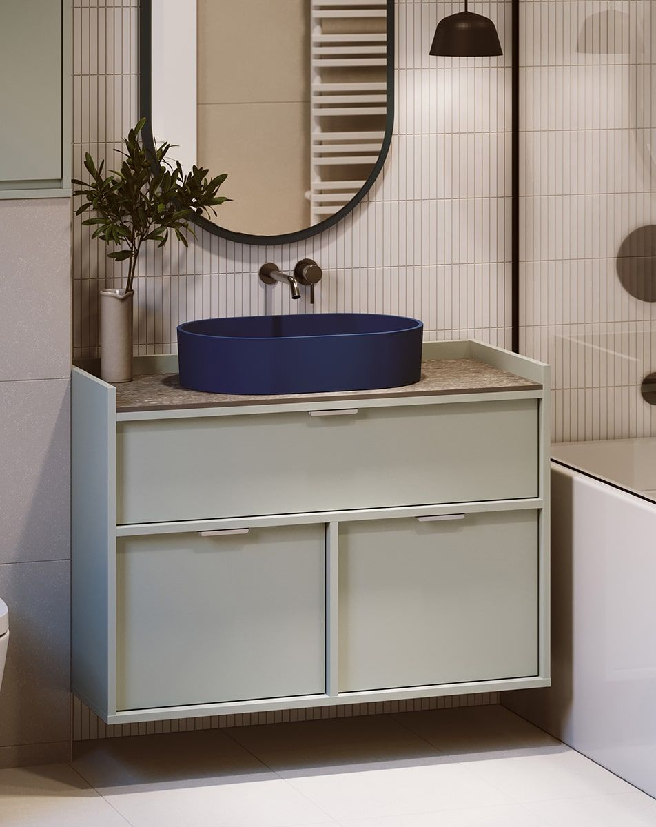 Lavabo SIGI suspendu WSU01B
Couleur : pistache au lait
Poignée : LING argent
Lavabo : OVO M+ Midnight Blue OMNIRES
Plan de travail : terrazzo gris