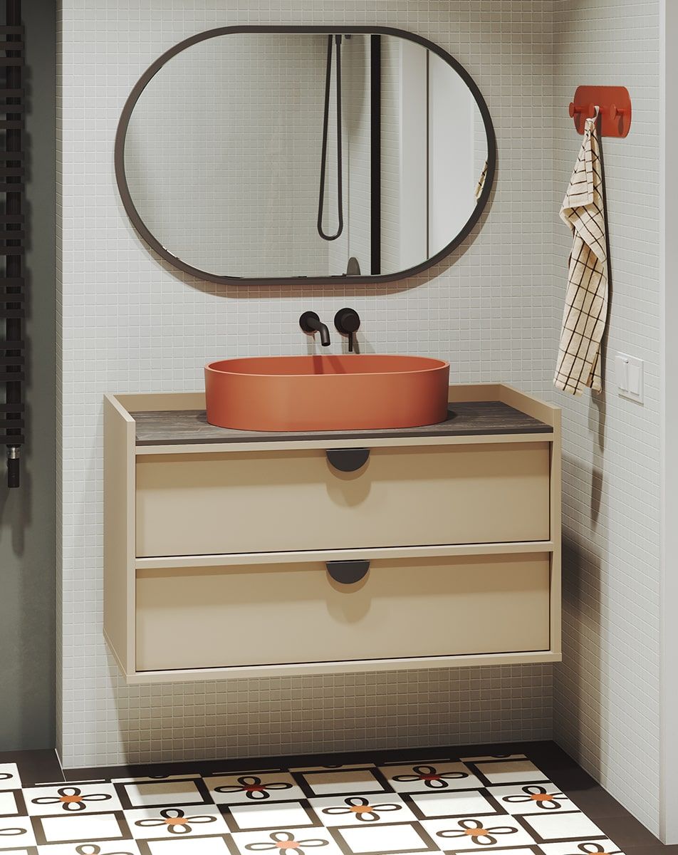 Meuble lave-mains SIGI mural WSU02B
Couleur : Cappuccino
Poignée : Poignée RIND Noir
Lavabo : OVO M+ Terracotta OMNIRES
Plateau de table : Marbre noir
