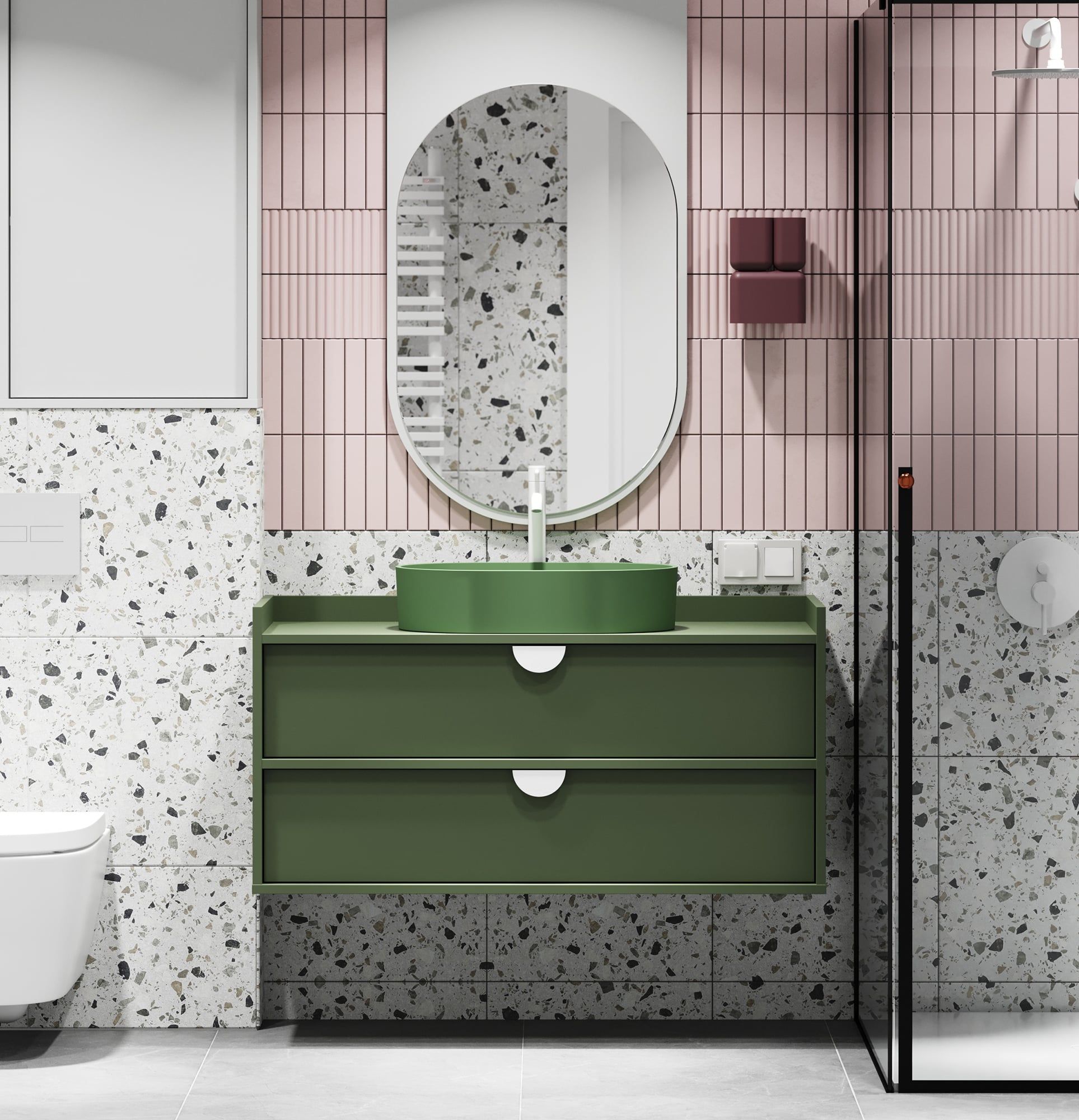 Meuble lavabo SIGI suspendu WSU02B
Couleur : vert cyprès
Poignée : poignée en bois RIND
Vasque : OVO M+ Olive OMNIRES
Robinet : Tall Y Blanc Mat OMNIRES