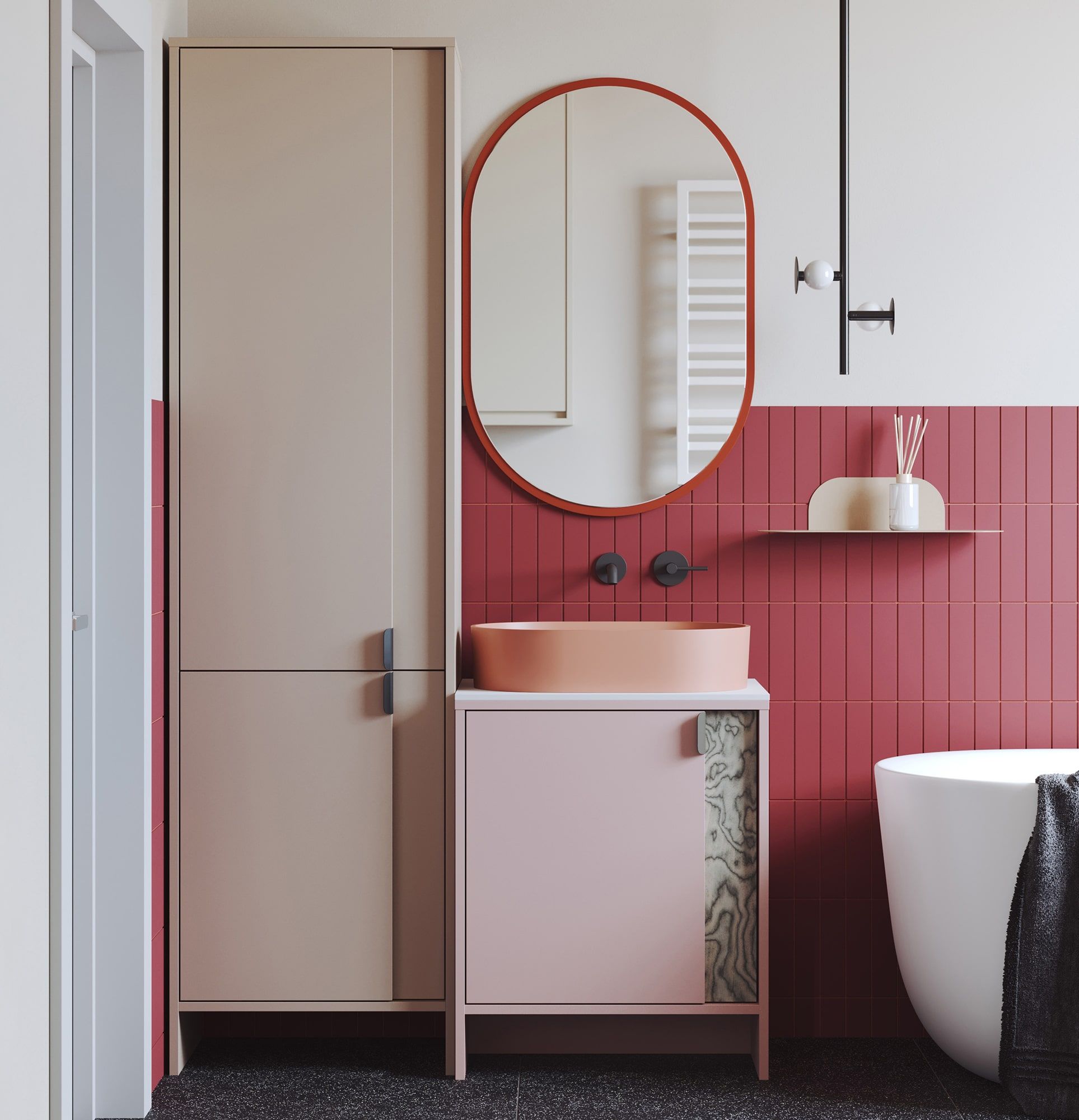 LAYERS meuble lavabo vertical LAY64
Couleur : Rose antique
Couleur de la deuxième couche de la façade : Placage gris Sottsass
Poignée : poignée LAYERS 110 Deep Basalt
Lavabo : OVO M+ Coral OMNIRES
Plan de travail : White Crystal Sinter