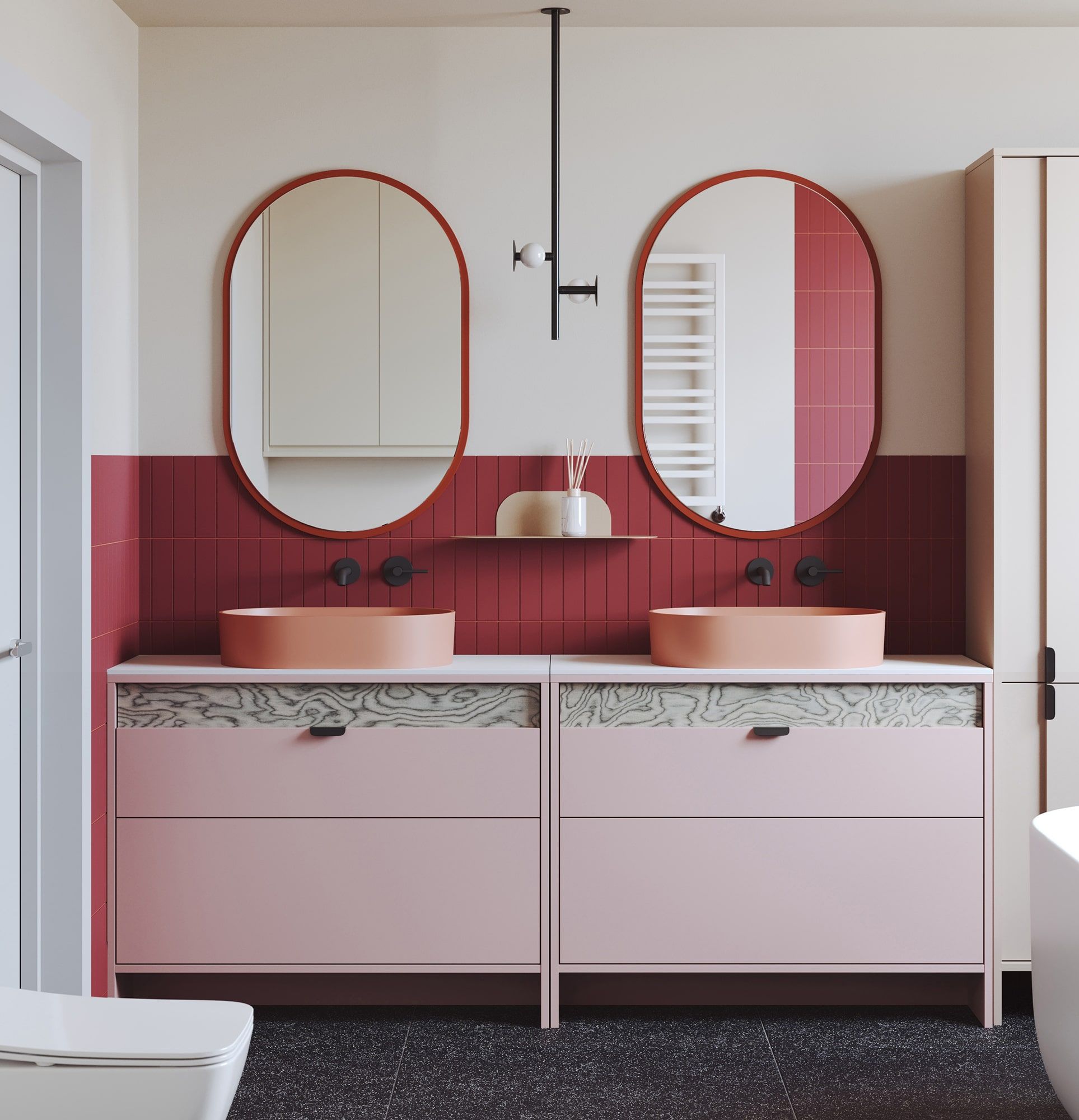 Meuble lavabo à tiroirs LAYERS LAY65
Couleur : Rose antique
Couleur de la façade de la deuxième couche : Placage gris Sottsass
Poignée : LAYERS 110 Noir Onyx
Lavabo : OVO M+ Coral OMNIRES
Plan de travail : White Crystal Sinter