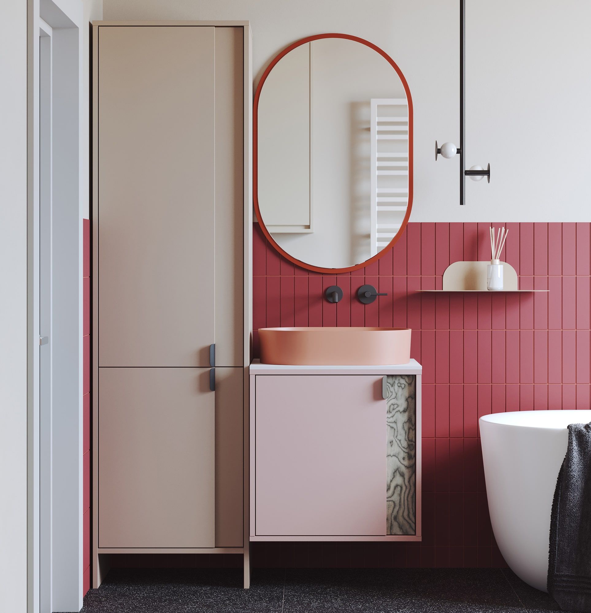 LAYERS meuble-lavabo suspendu LAY66
Couleur : Rose antique
Couleur de la deuxième couche de la façade : Placage gris Sottsass
Poignée : poignée LAYERS 110 Deep Basalt
Lavabo : OVO M+ Coral OMNIRES
Plan de travail : White Crystal Sinter