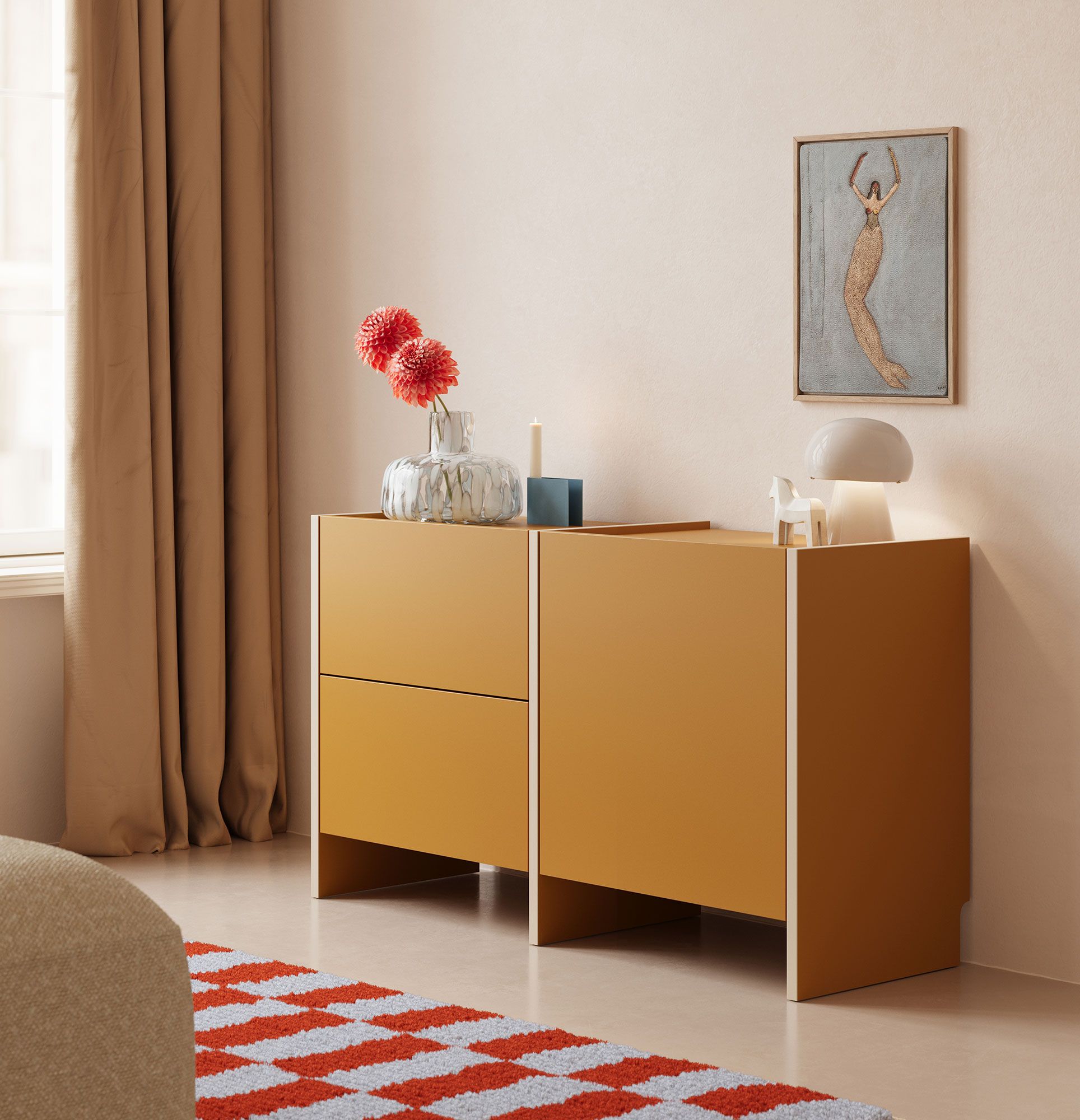 Armoire RTV ASKA ASK10
Couleur : moutarde vintage
Placage : Beige Champagne
