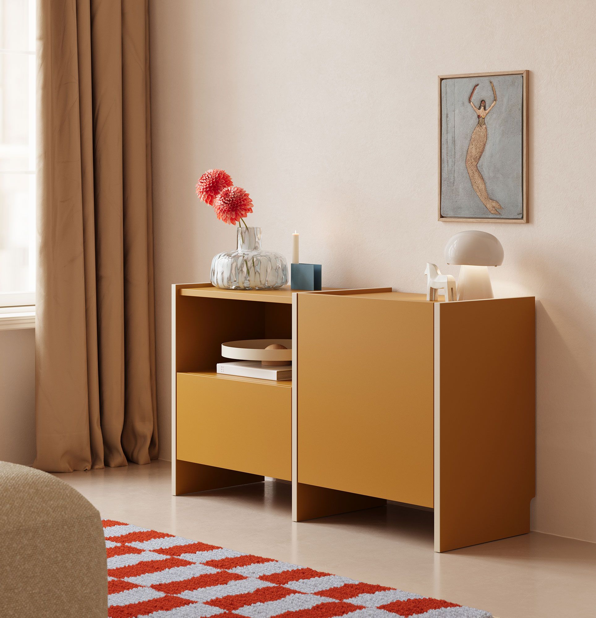 Armoire RTV ASKA ASK11
Couleur : moutarde vintage
Placage : Beige Champagne
