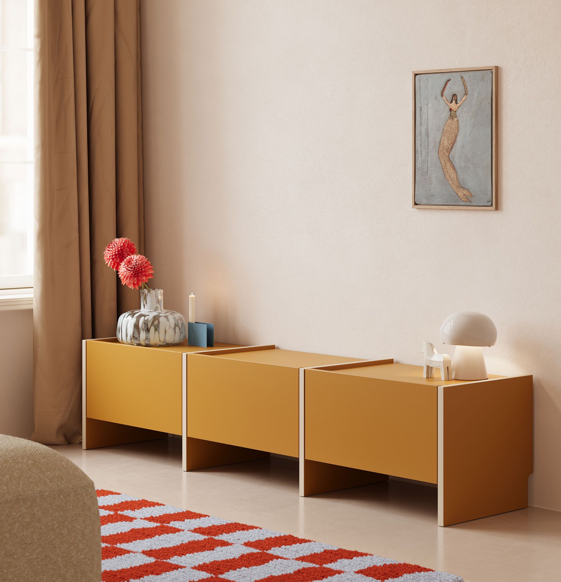 Armoire RTV ASKA ASK17
Couleur : moutarde vintage
Placage : Beige Champagne