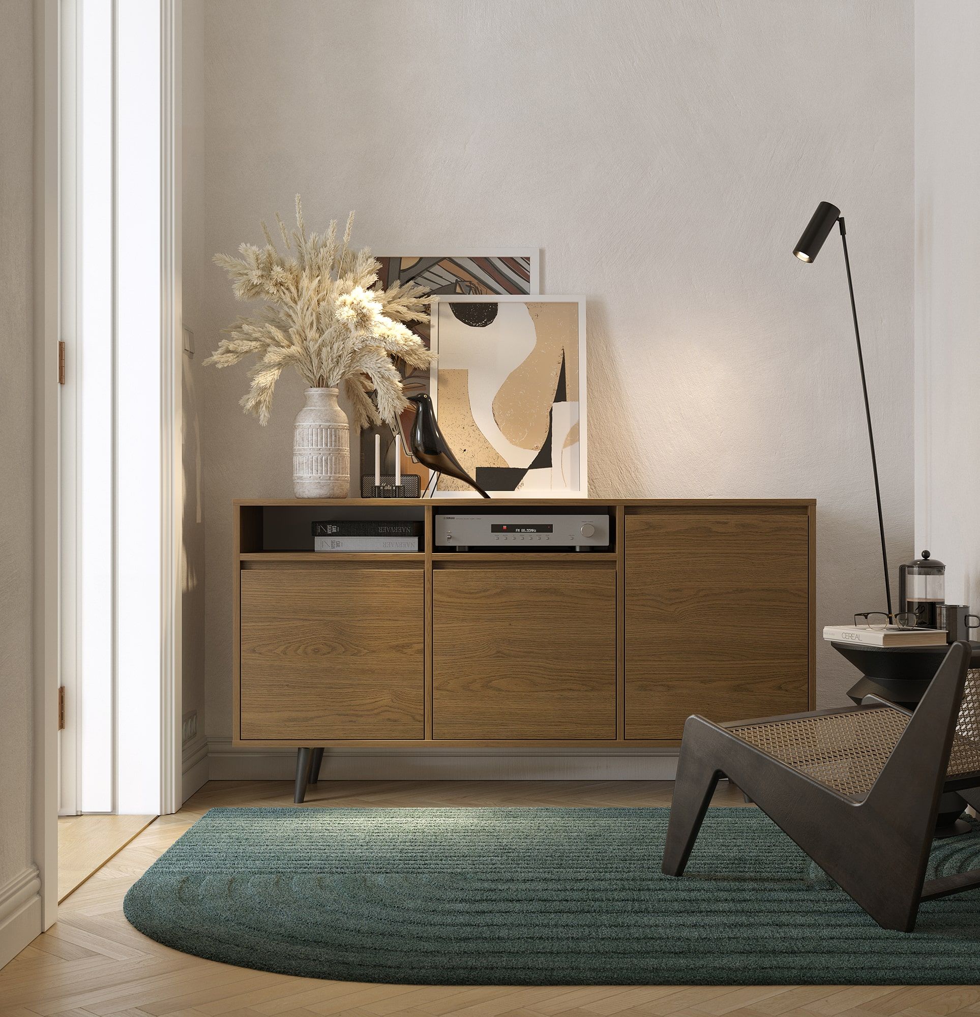 FENRIS Armoire RTV FTV3
Couleur : Chêne rustique
Pieds : Noyer Hêtre Noir