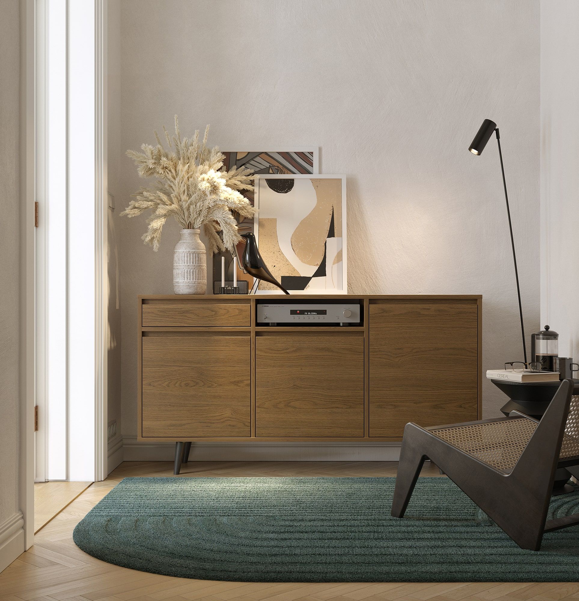 FENRIS Armoire RTV FTV3S
Couleur : Chêne rustique
Pieds : Noyer Hêtre Noir