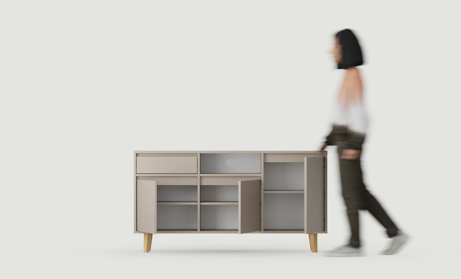 Armoire RTV FENRIS FTV3S
Couleur : Argile cendrée
Pieds : Noyer Chêne huilé